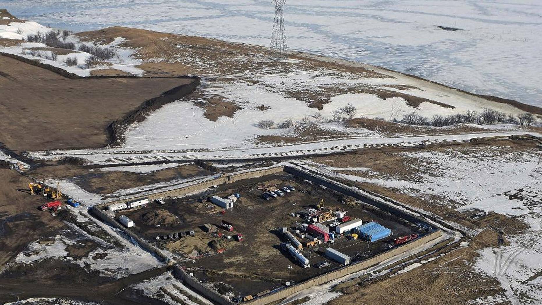 Feb. 13, 2017: This aerial photo shows a site where the final phase of the Dakota Access Pipeline will take place with boring equipment routing the pipeline underground and across Lake Oahe to connect with the existing pipeline in Emmons County, N.D.