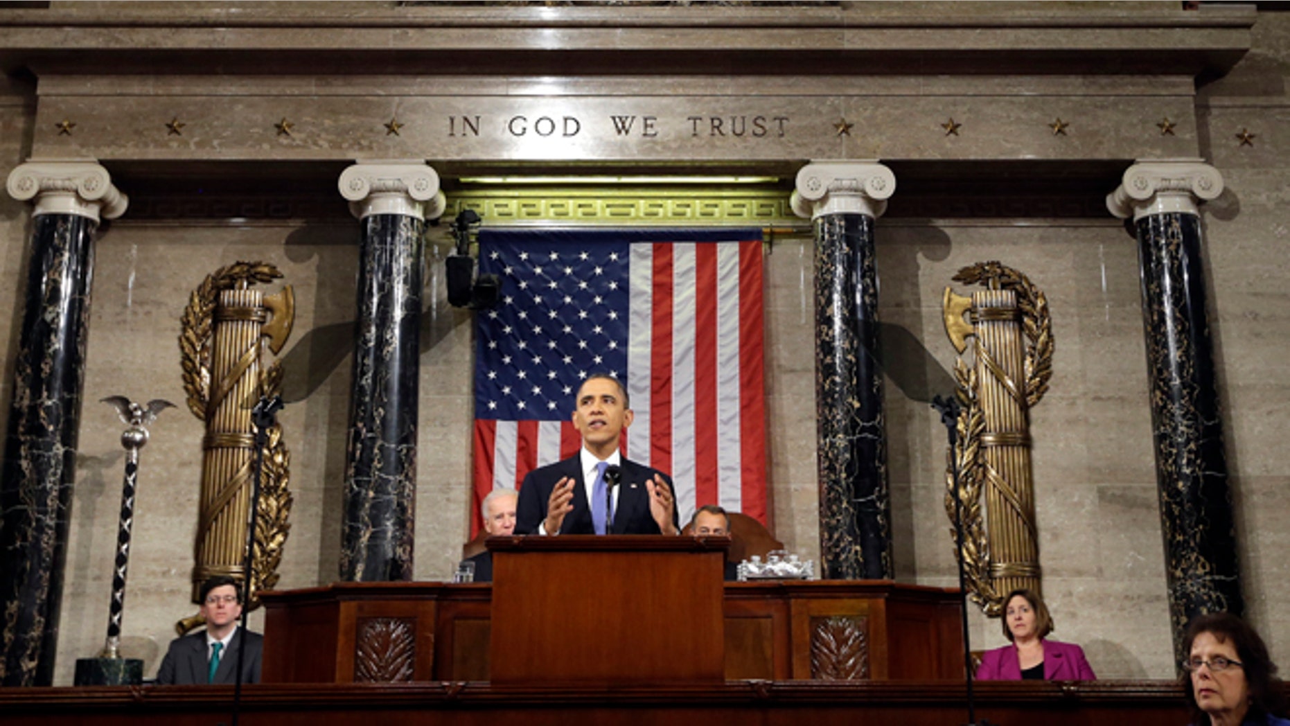 FILE - In this Feb. 12, 2013, file photo, President Barack Obama gives his State of the Union address during a joint session of Congress on Capitol Hill in Washington. Struggling to generate second-term momentum, Obama will confront a politically divided Congress with a demand to expand economic opportunity in America, asserting in his State of the Union address Tuesday that he will take action on his own if lawmakers fail to help shrink the income gap between the rich and the poor. (AP Photo/Charles Dharapak, Pool, File)