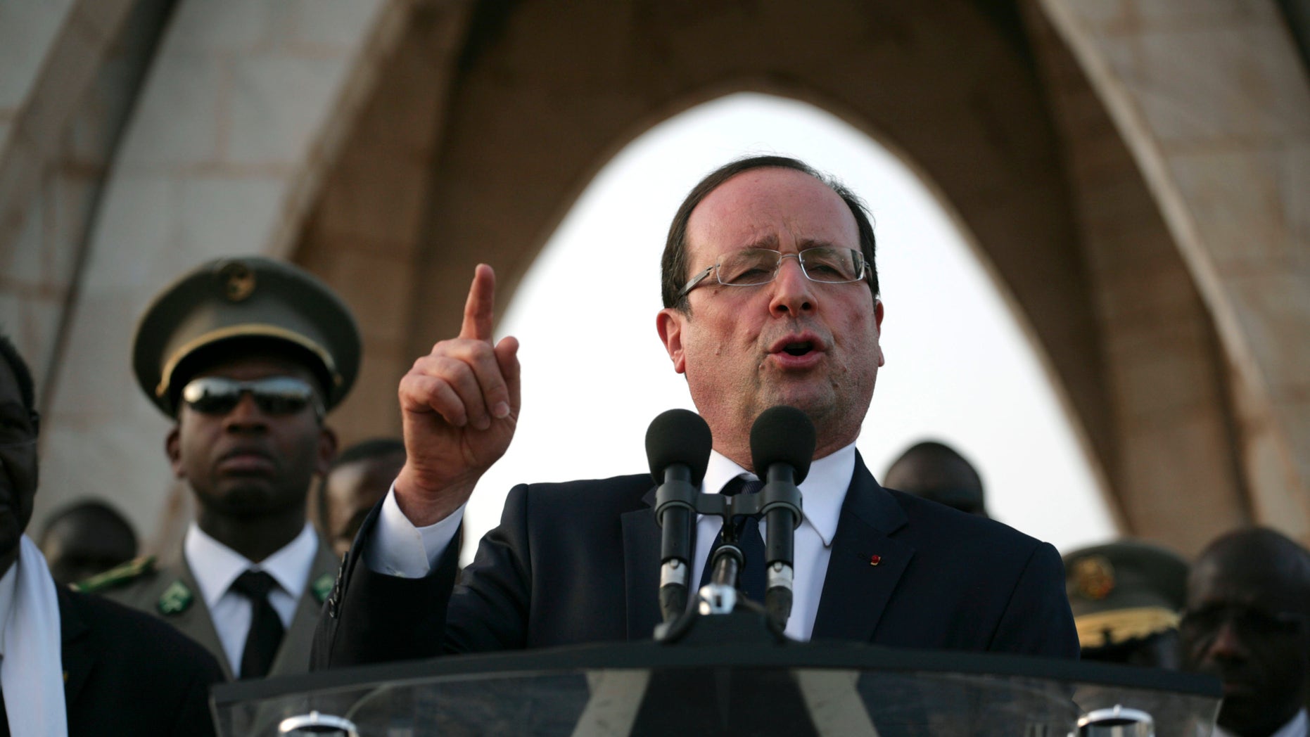 Feb. 2, 2013: French President Francois Hollande speaks at Independence Place in central Bamako, Mali.