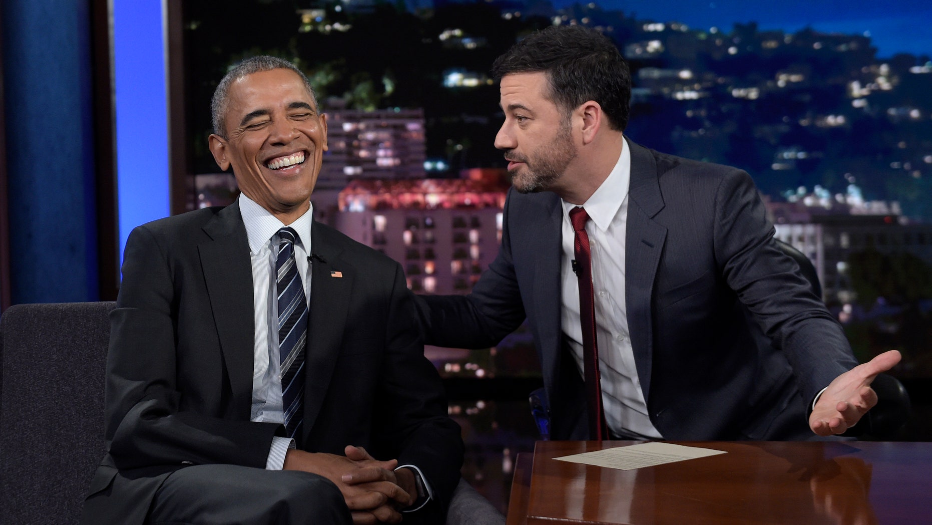 Oct. 24, 2016: President Barack Obama talks with Jimmy Kimmel in between taping segments of Jimmy Kimmel Live! at the El Capitan Entertainment Center in Los Angeles.