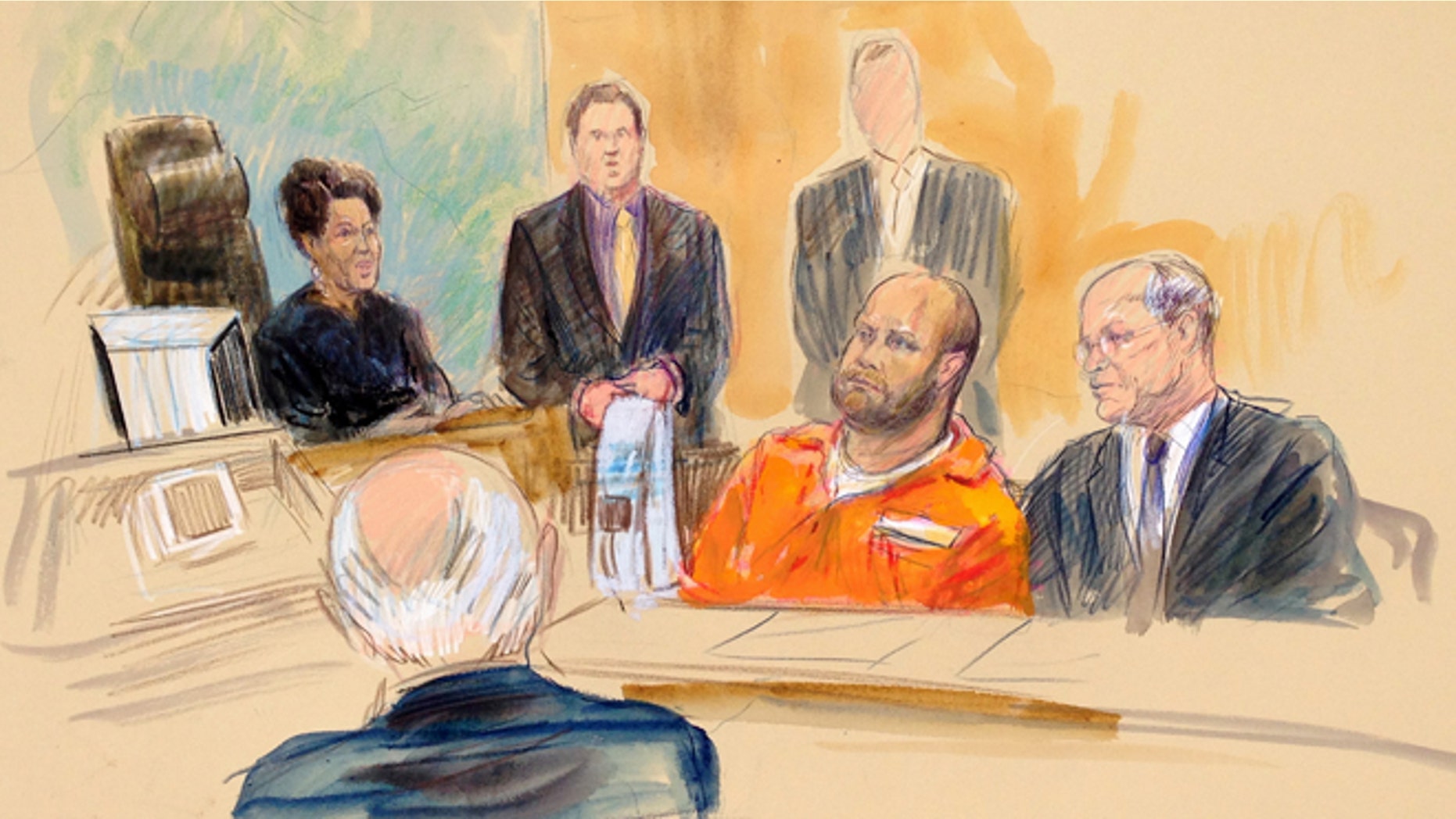 Oct. 1, 2014: This courtroom artist rendering shows U.S. Magistrate Judge Deborah Robinson, left, presiding during Omar J. Gonzalez, accused of jumping a fence at the White House.