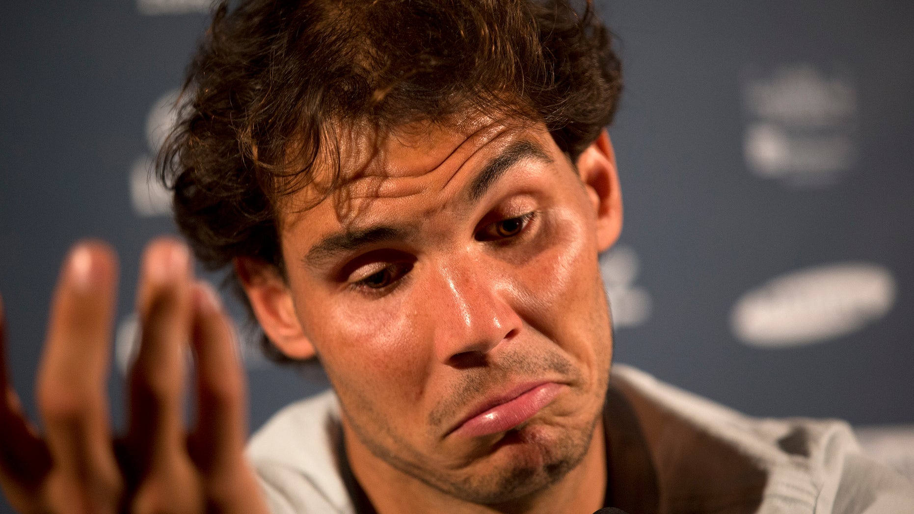Rafael Nadal, of Spain, gestures during a press conference ahead of the Rio Open in Rio de Janeiro, Brazil, Friday, Feb. 13, 2015. The Rio Open tennis tournament starts Monday Feb. 16. (AP Photo/Silvia Izquierdo)