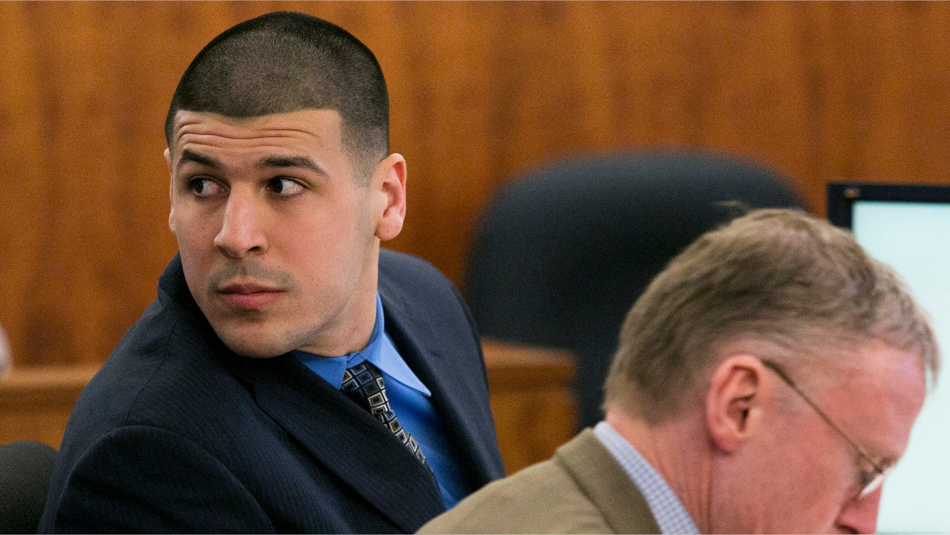 Aaron Hernandez during his murder trial Monday, March 23, 2015, in Fall River, Mass.