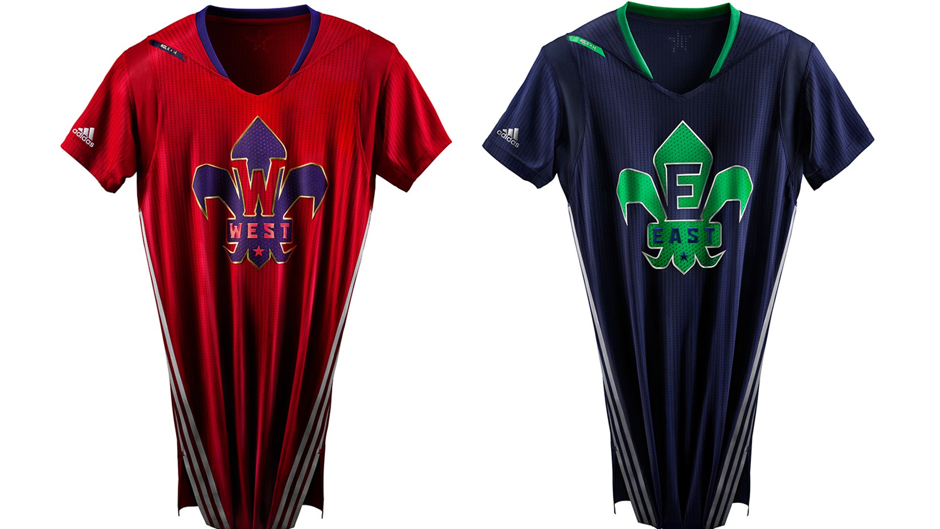 This image provided by the NBA on Thursday, Jan. 16, 2015, shows the West, left, and East team jerseys to be worn in the 2014 NBA All Star basketball game. The 63rd NBA All-Star Game is scheduled for Feb. 16, in New Orleans. (AP Photo/NBA)