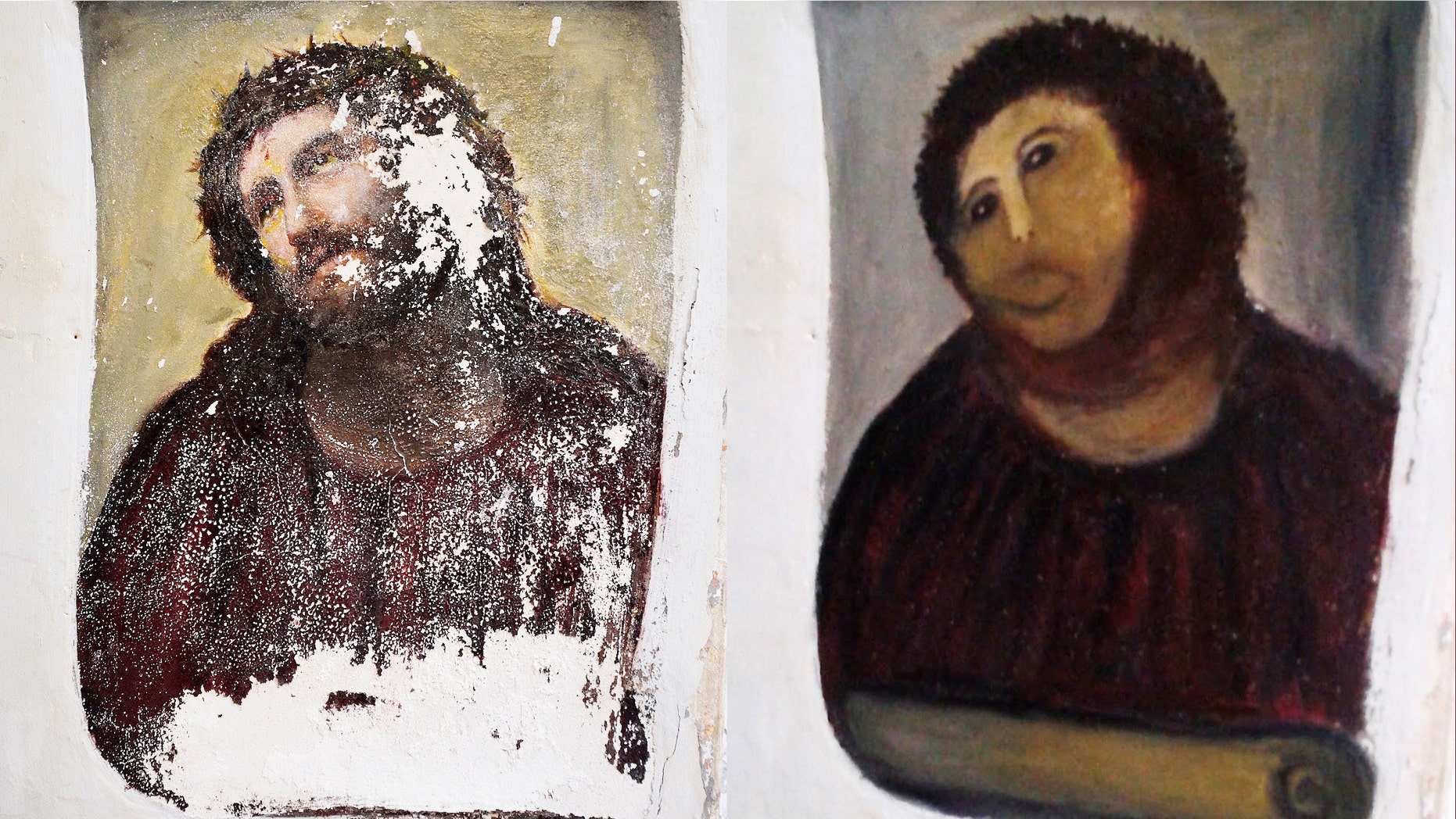 This combination of two undated handout photos made available by the Centro de estudios Borjanos shows the 20th century Ecce Homo-style fresco of Christ before (left) and after (right) an elderly amateur artist took it upon herself to restore it.