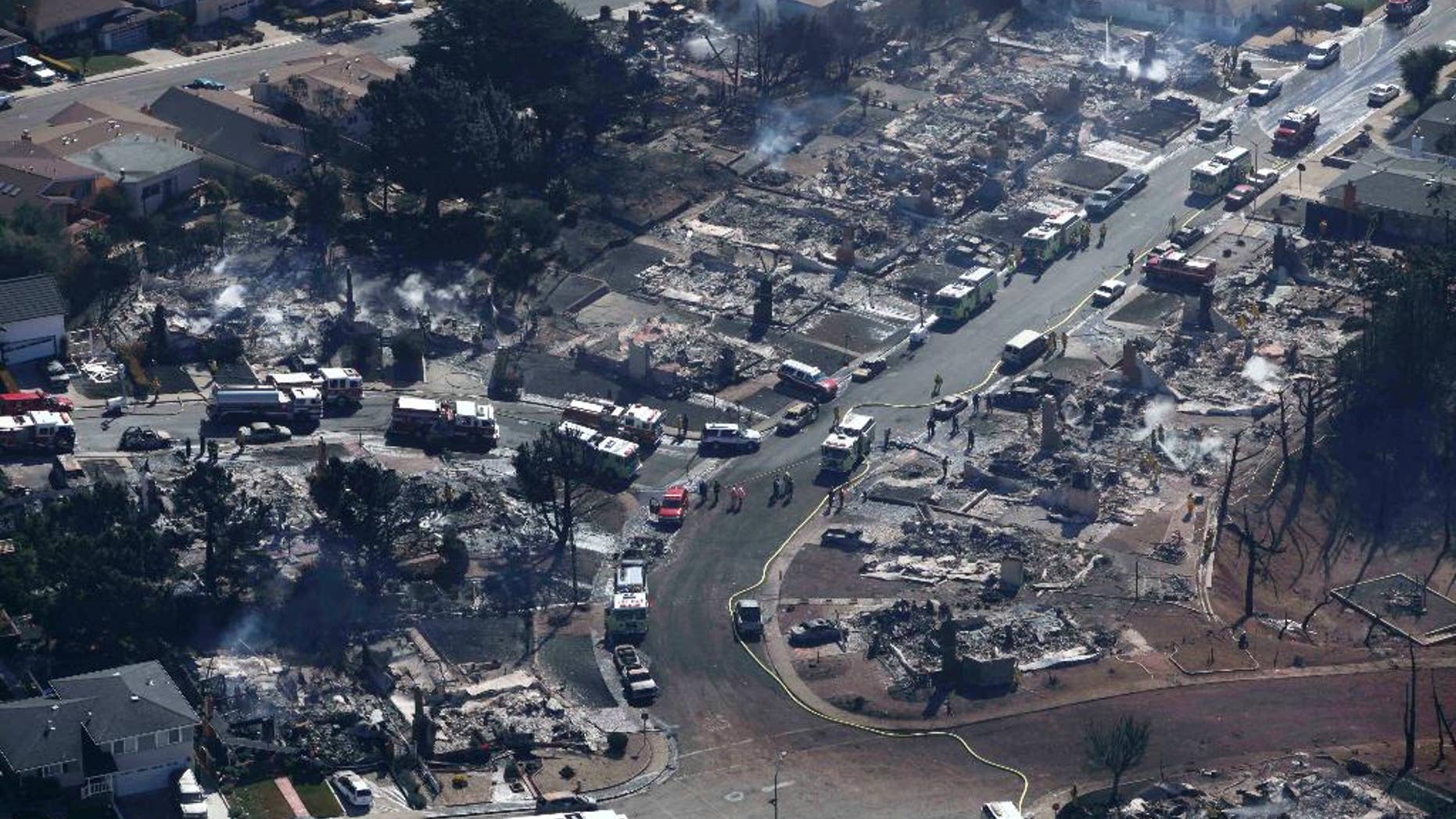 File-In this Sept.10, 2010 file photo firefighters and rescue crews work amongst damage caused by a pipeline explosion and an ensuing massive fire in a residential neighborhood in San Bruno, Calif. (AP Photo/Jeff Chiu,File)