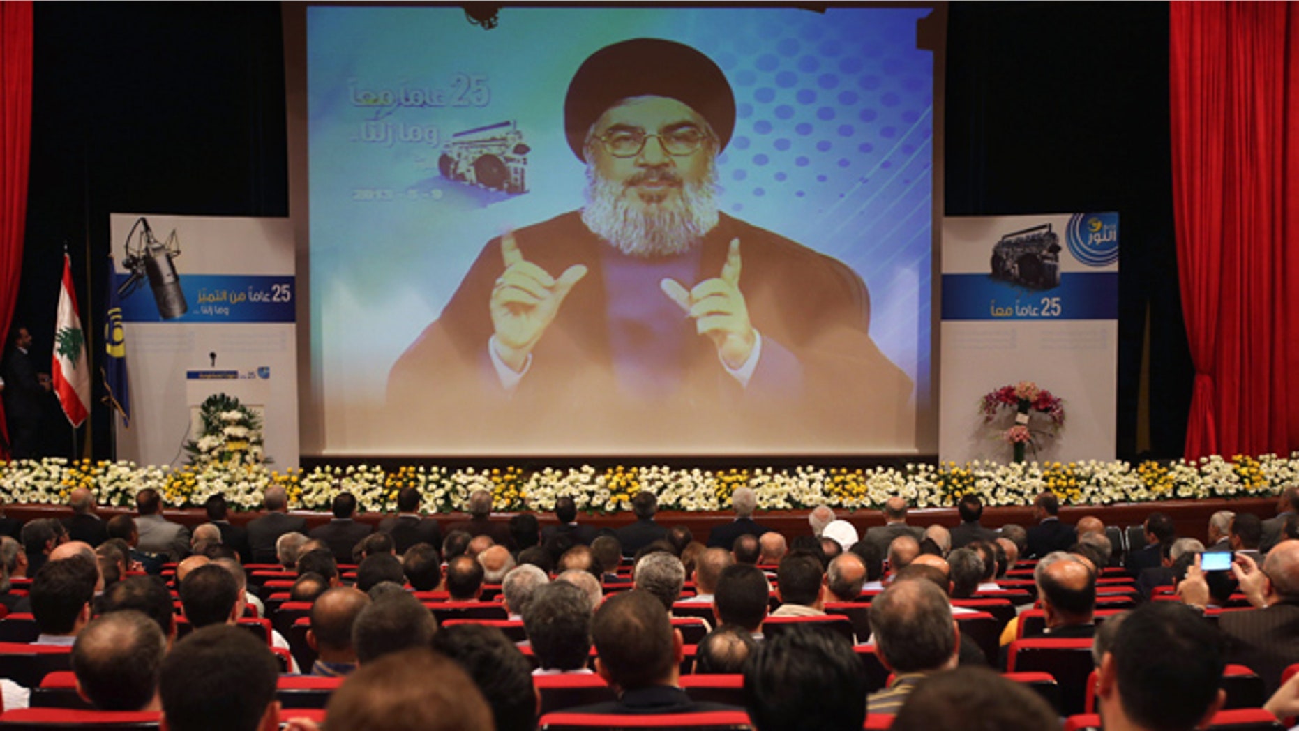 May 9, 2013: Hezbollah leader Sheik Hassan Nasrallah speaks via video during a conference, held in a southern suburb of Beirut, Lebanon.
