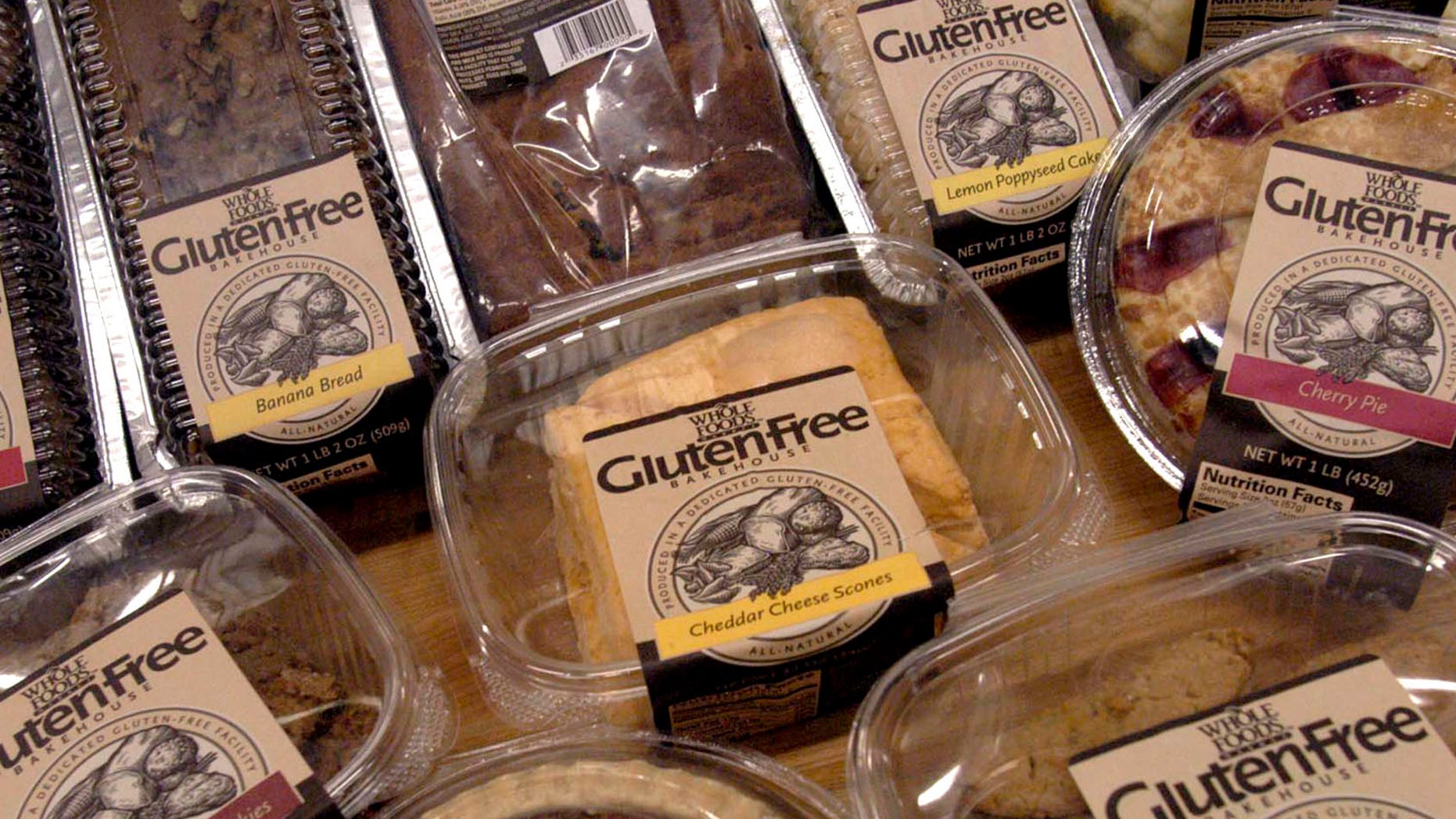 A sample of some of the 27 gluten-free products are displayed, in this Oct. 5, 2004 file photo, at the Whole Foods Market Gluten-Free Bakehouse in Morrisville, N.C. Each label reads "Produced in a Dedicated Gluten-Free Facility." Once banished to the dusty bottom shelves of obscure grocers, the gluten-free revolution is surfacing in the aisles of major supermarkets.
