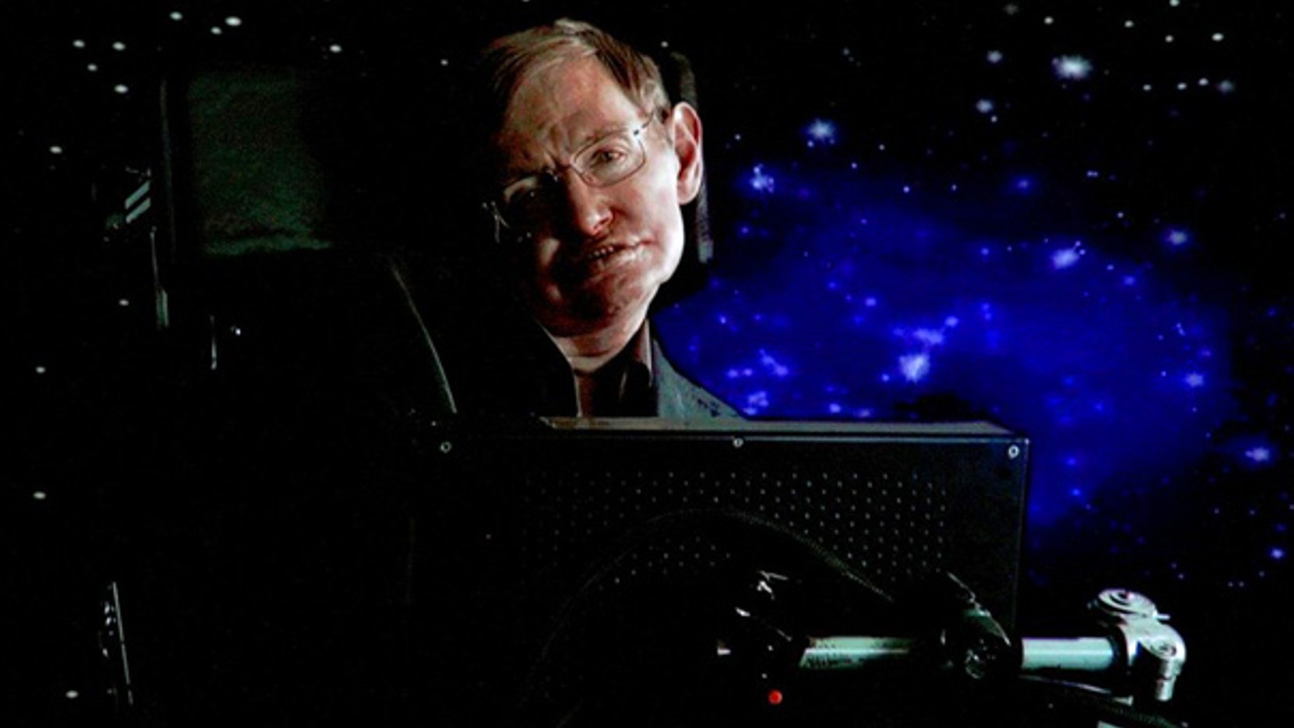 Stephen Hawking speaks via satellite during a Science Channel presentation in Pasadena, Calif.