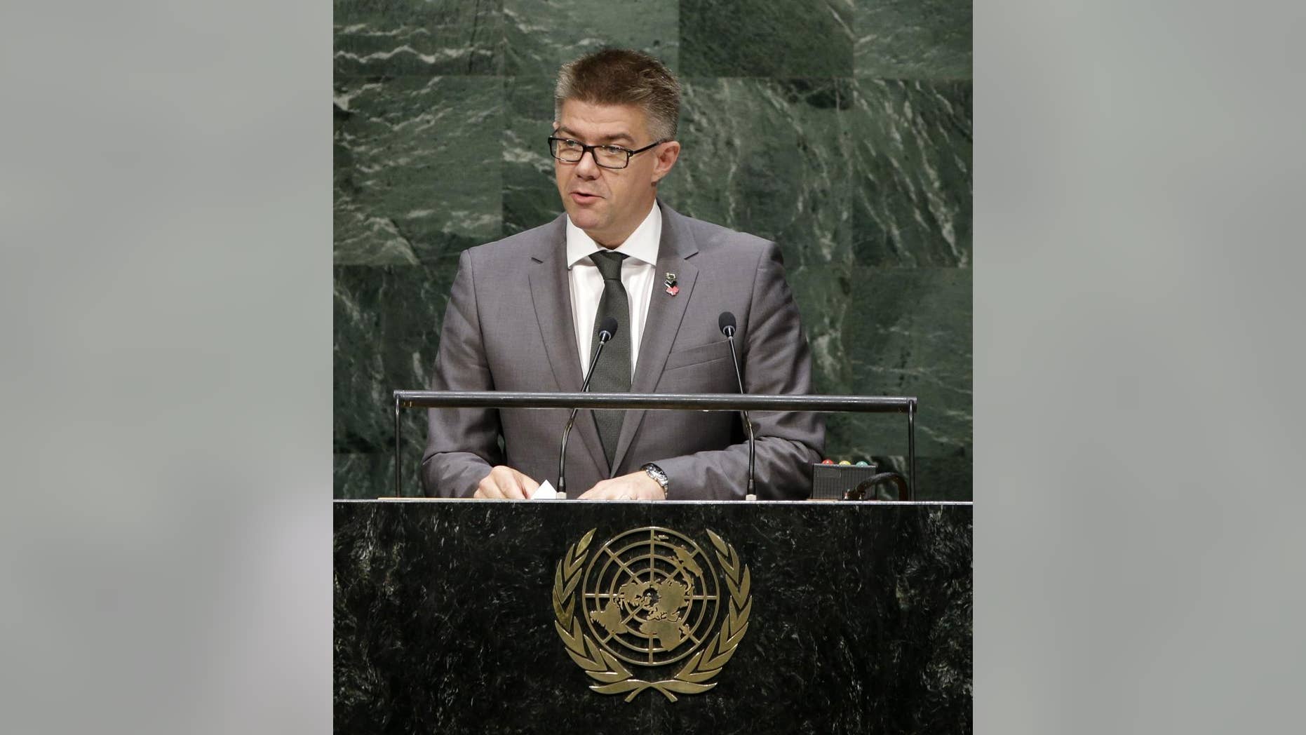 Gunnar Bragi Sveinsson, Minister for Foreign Affairs of Iceland, speaks during the 69th session of the United Nations General Assembly at U.N. headquarters, Monday, Sept. 29, 2014. (AP Photo/Seth Wenig)