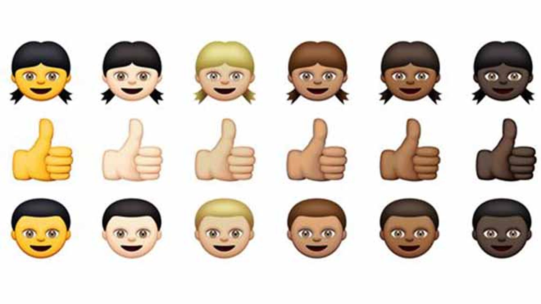This combination made from images provided by Apple Inc. shows new emoji, the cute graphics that punctuate online writing and texts, that will be available with the next iOS update. Working with the Unicode Consortium, the nonprofit organization that sets the standards for the pictograms, Apple Inc. is incorporating more diverse emoji into the developer version of the latest update to its mobile operating system. The iPhone and iPad maker has not said when the update will be available for all users. (AP Photo/Apple Inc.)