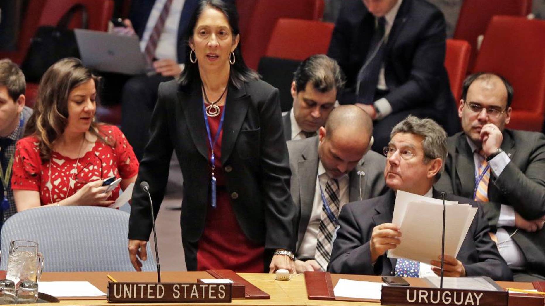 U.S. Deputy Permanent Representative to the U.N. Michele Sison arrives for the Security Council meeting of the United Nations, Thursday, Feb. 2, 2017. (AP Photo/Richard Drew)