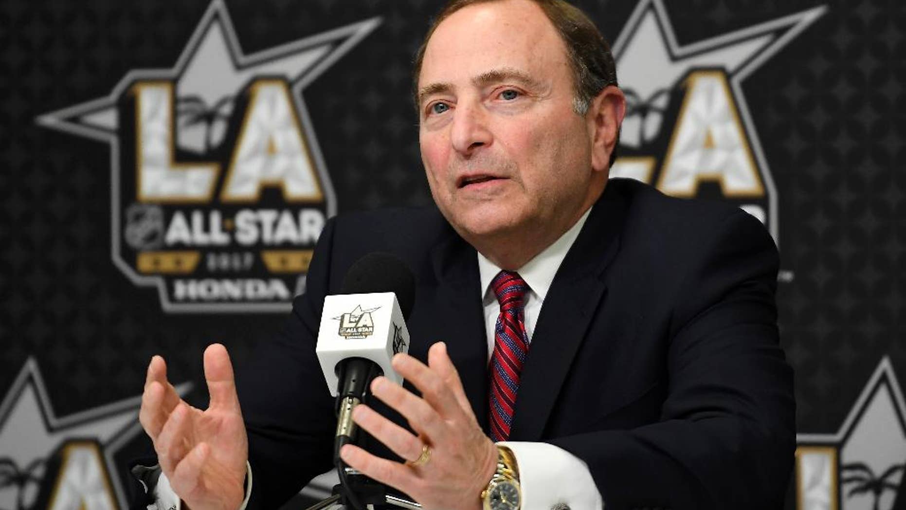 National Hockey League Commissioner Gary Bettman speaks during a news conference at Staples Center, Saturday, Jan. 28, 2017, in Los Angeles. The NHL All-Star Game is scheduled to be played at Staples Center on Sunday. (AP Photo/Mark J. Terrill)