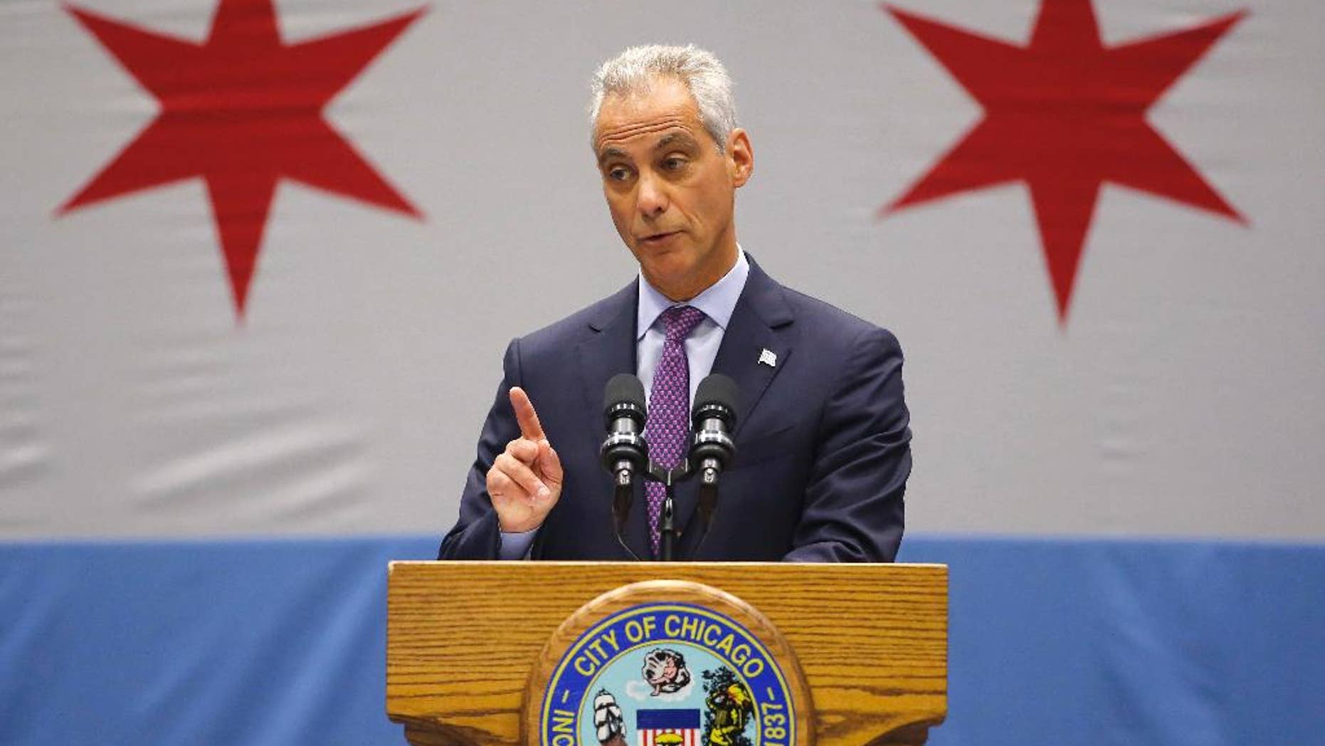 FILE - In this Sept. 22, 2016, file photo, Chicago Mayor Rahm Emanuel speaks during a news conference at the Malcolm X Community College in Chicago. Emanuel's decision to release thousands of pages of private emails does not end a dispute in Illinois about public access to such emails from him and other officials when they deal with government business. Emanuel announced late Wednesday, Dec 21, 2016, that he had settled a lawsuit by a government watchdog group over emails from his personal accounts, but it allows him and his personal lawyer to decide which emails are public records and which are not. (AP Photo/Charles Rex Arbogast)