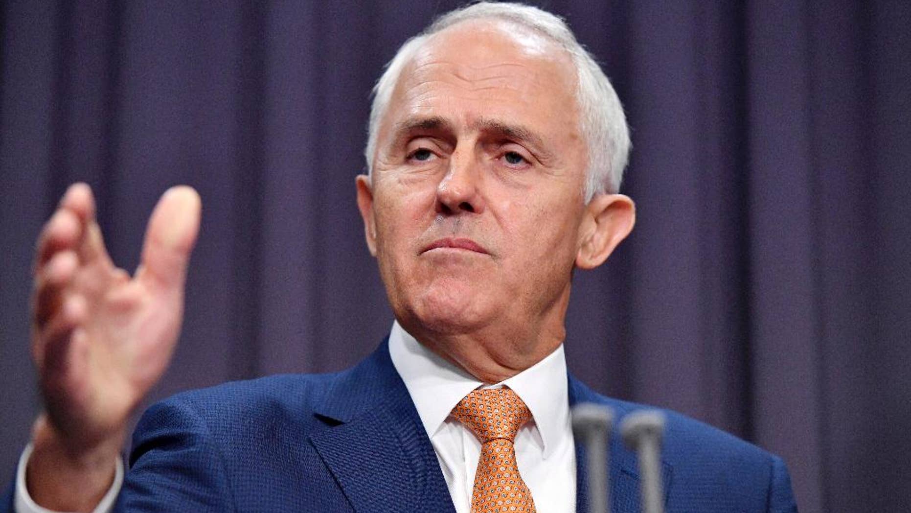 Australian Prime Minister Malcolm Turnbull comments on a deal with the United States accepting refugees from Australia at Parliament House in Canberra, Monday, Jan. 30, 2017. Turnbull said U.S. President Donald Trump had agreed to keep an Obama administration promise to resettle refugees languishing in Pacific island camps despite the U.S. toughening its stance on Muslim immigration. (Mick Tsikas/AAP Image via AP)