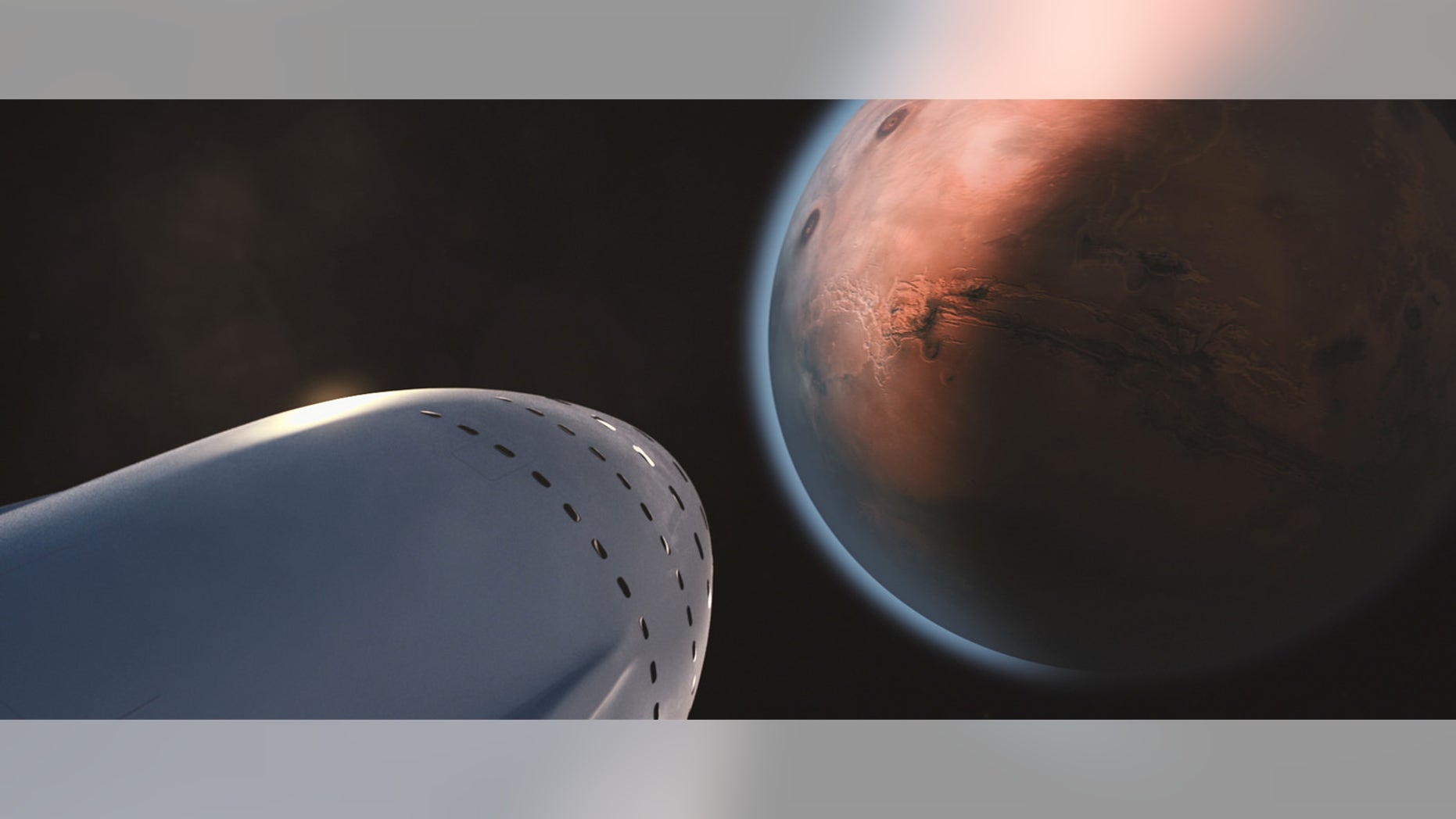 Artist's illustration of a SpaceX colony ship arriving at Mars. The company aims to help establish a million-person city on the Red Planet.