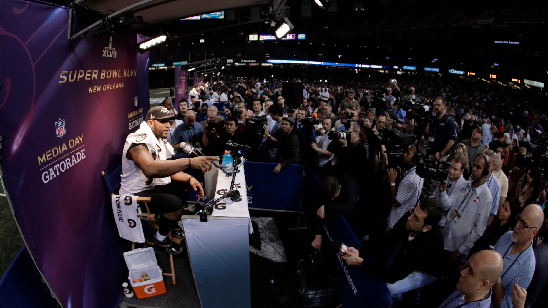 Baltimore Ravens linebacker Ray Lewis speaks during media day for the NFL Super Bowl XLVII football game Tuesday, Jan. 29, 2013, in New Orleans. (AP Photo/Charlie Riedel)