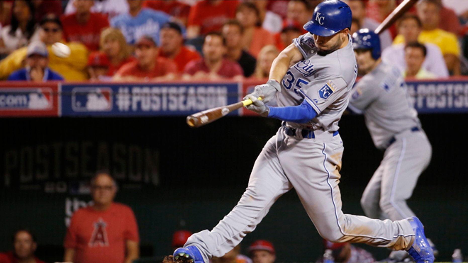 Kansas City Royals' Eric Hosmer hits a two-run home run against the Los Angeles Angels in the 11th inning of Game 2 of baseball's AL Division Series in Anaheim, Calif., Friday, Oct. 3, 2014. (AP Photo/Lenny Ignelzi)