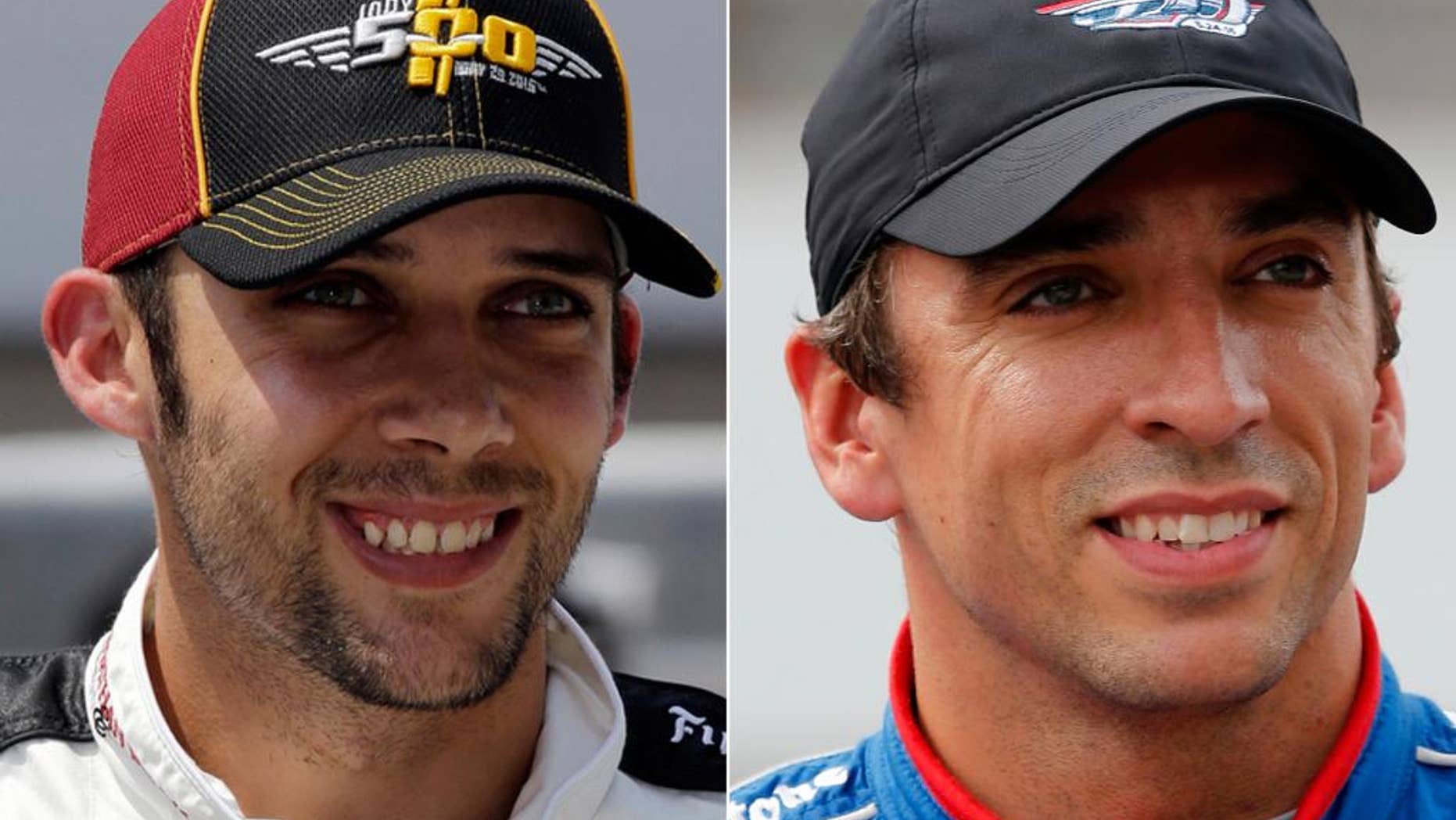 FILE - At left is a May 21, 2016, file photo showing IndyCar driver Bryan Clauson. At right, in a May 16, 2015, file photo, is IndyCar driver Justin Wilson. The IndyCar season has just four races left, and the next one _ at Pocono Raceway on Sunday _ has the paddock thinking about a lot more than the race. The series has a double dose of sadness to contend with _ the death a year ago of 37-year-old Justin Wilson after he was struck in the helmet by debris during the Pocono race, and the death just over a week ago of 27-year-old Bryan Clauson after a stunning crash in an open-wheel event in Kansas. (AP Photo/File)