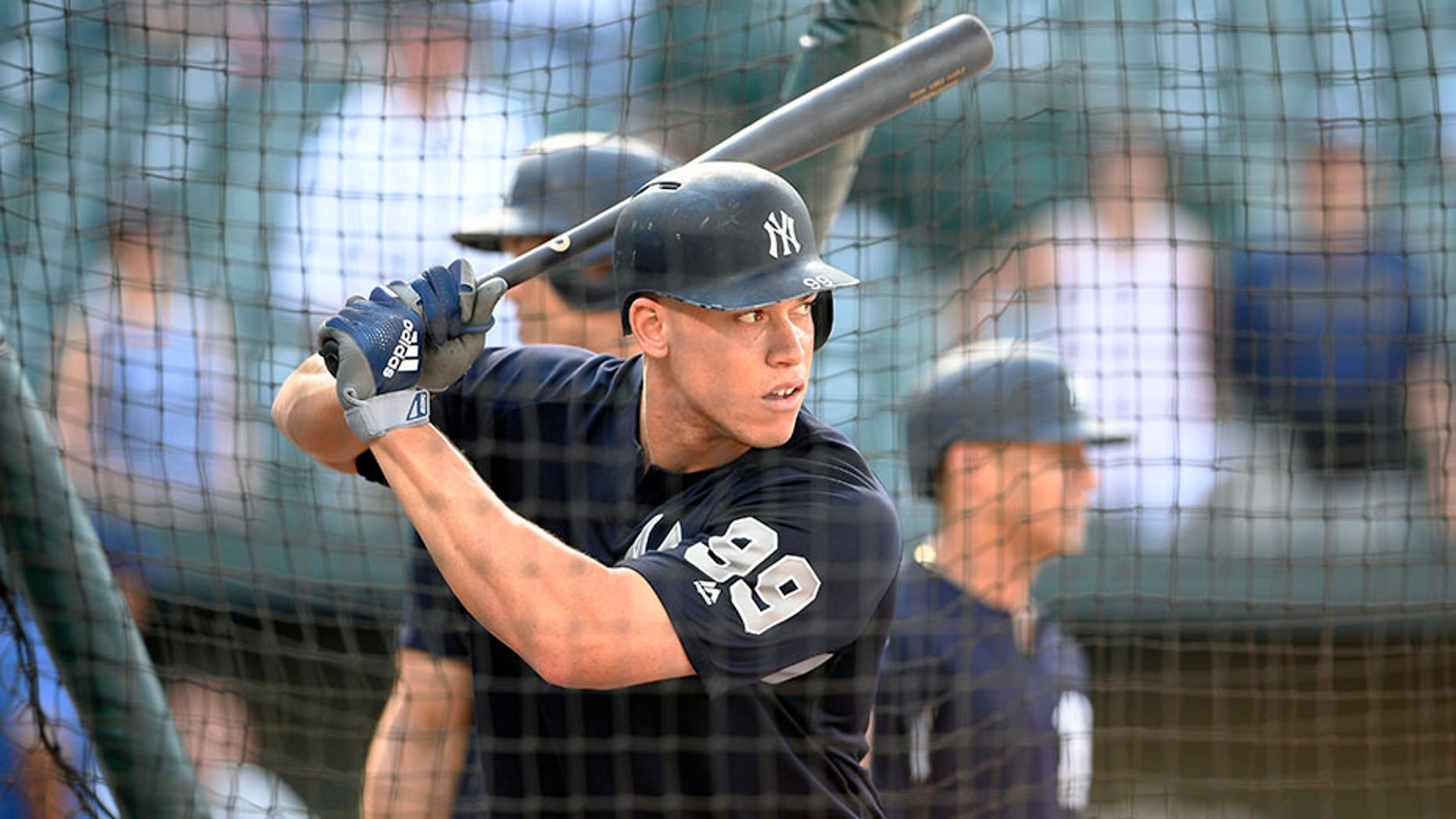 Yankees' Aaron Judge takes batting practice before the team's baseball game against the Baltimore Orioles.