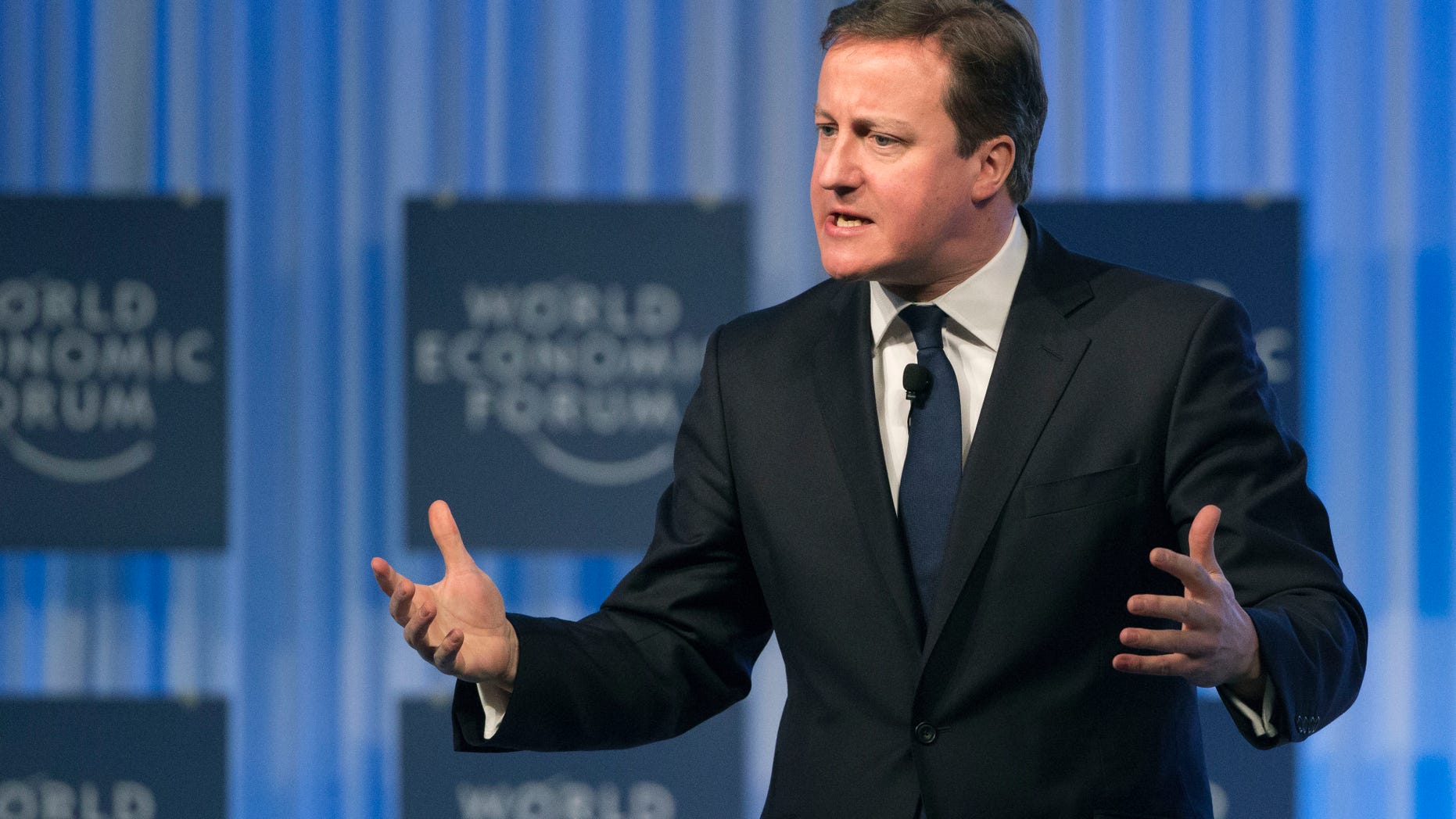 British Prime Minister, David Cameron, gestures as he speaks to the assembly of the 43rd Annual Meeting of the World Economic Forum, WEF, in Davos, Switzerland, Thursday, Jan. 24, 2013. (AP Photo/Michel Euler)