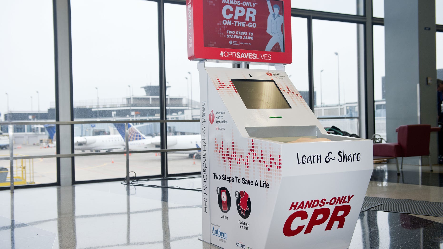CHICAGO, IL - FEBRUARY 24: The Hands-Only CPR Training Kiosk provided by the American Heart Association and Anthem Foundation debuts at O'Hare International Airport's Terminal 2 on February 24, 2016 in Chicago, Illinois. (Photo by Brian Kersey/Getty Images for The American Heart Association)