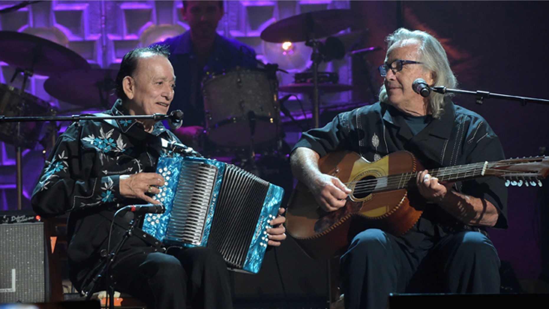 Flaco Jimenez and Ry Cooder at the Ryman Auditorium on September 17, 2014 in Nashville, Tennessee.