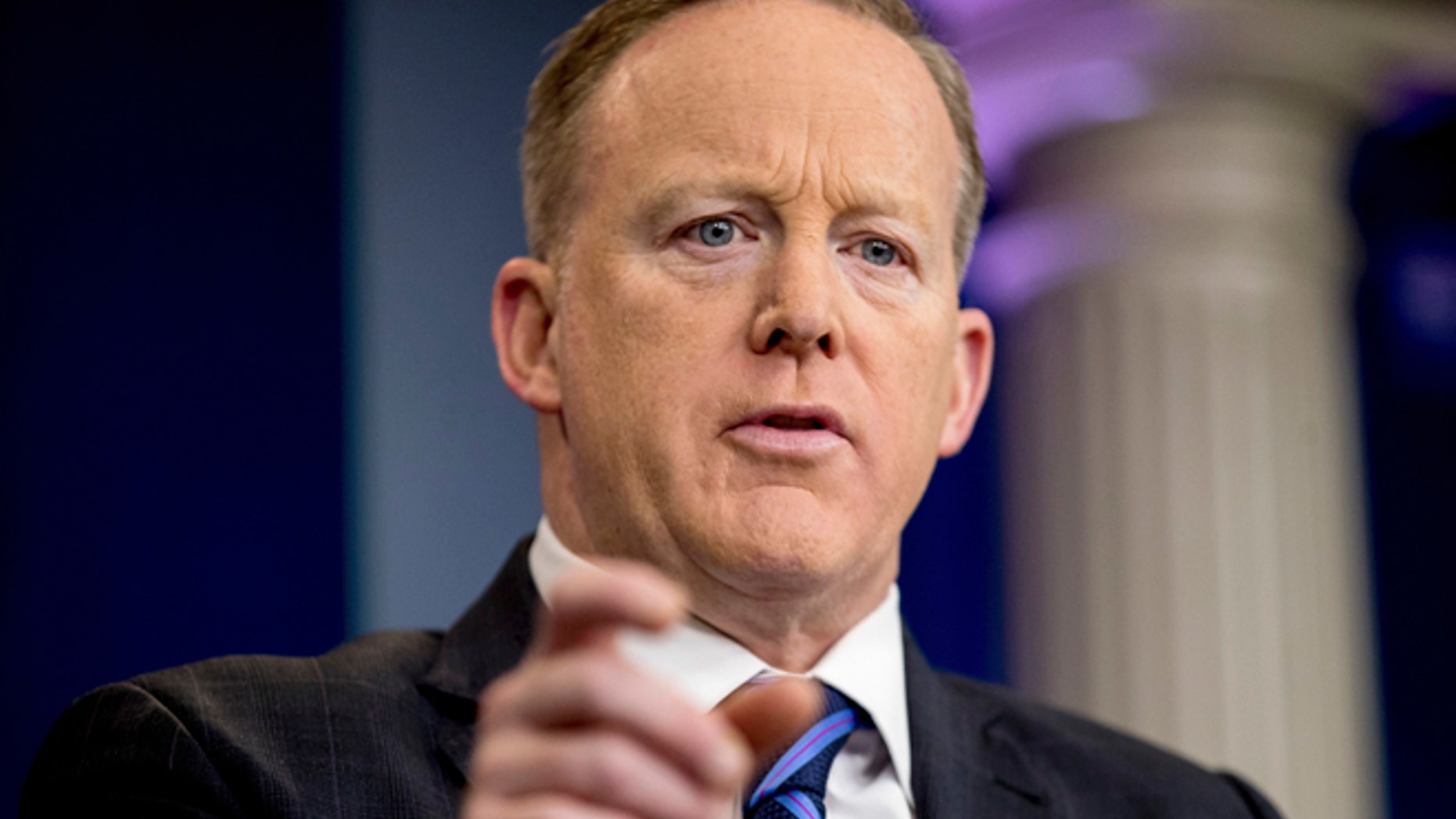 April 10, 2017: White House press secretary Sean Spicer pauses while talking to the media during the daily press briefing at the White House in Washington.
