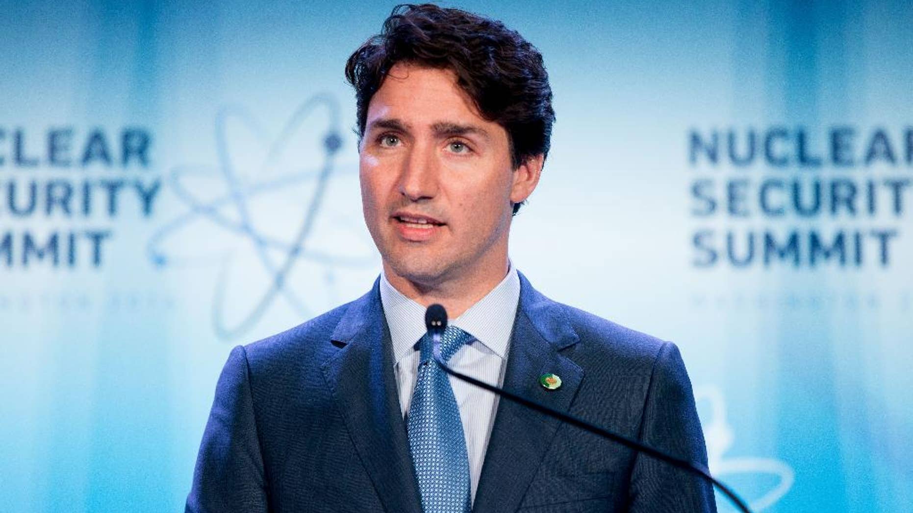 FILE- In this April 1, 2016, file photo, Canada Prime Minister Justin Trudeau speaks at a briefing at the Nuclear Security Summit in Washington. A video has gone viral of Trudeau nailing a reporter's question about quantum computing on Friday, April 15, 2016, at the Perimeter Institute in Waterloo, Ontario. (AP Photo/Andrew Harnik, File)