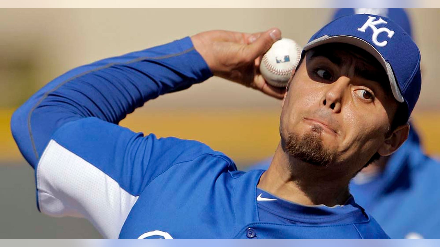 Kansas City Royals closer Joakim Soria throws during baseball spring training, Tuesday, Feb. 22, 2011, in Surprise, Ariz. (AP Photo/Charlie Riedel)