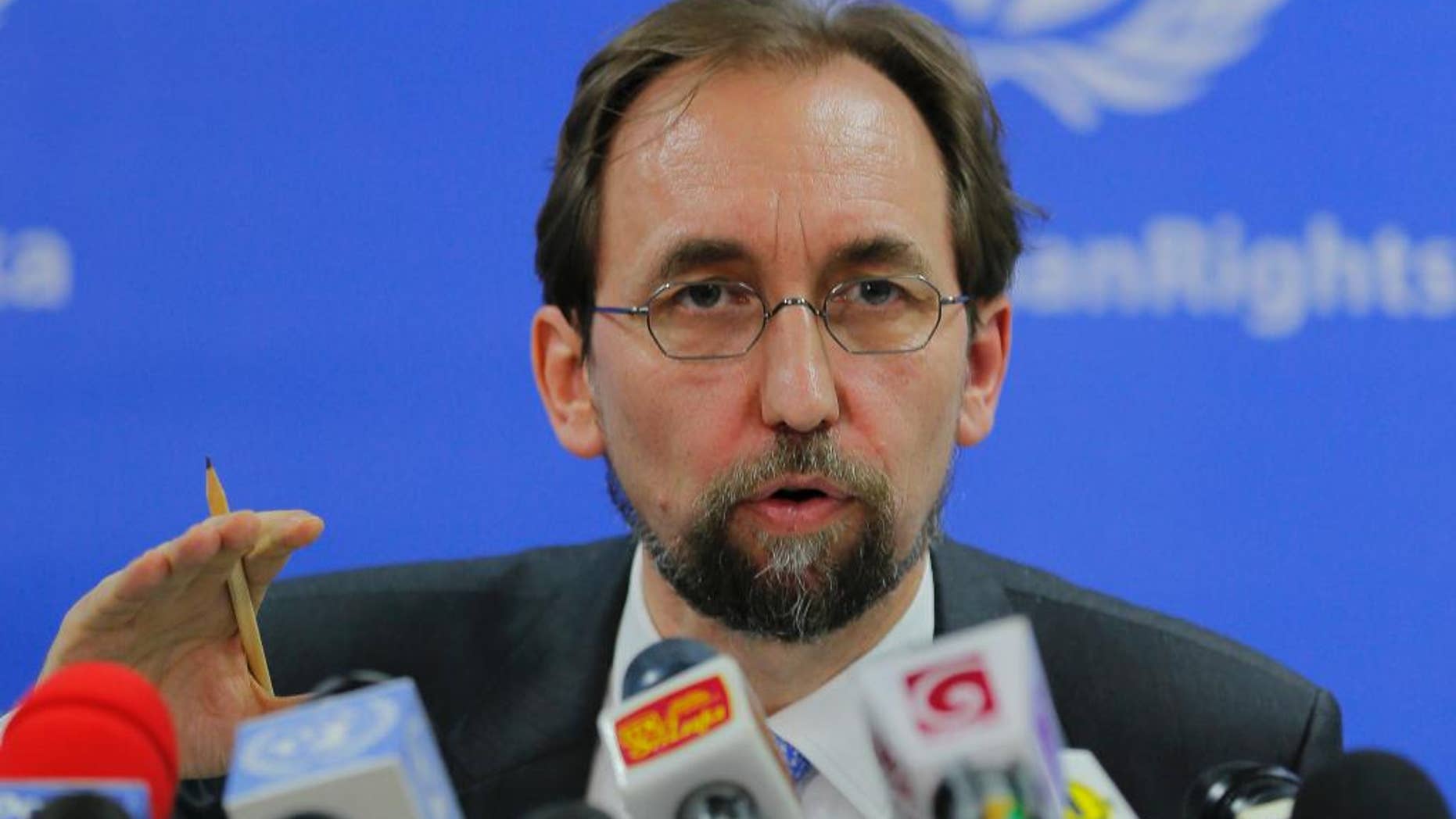 FILE - In this Feb. 9, 2016, file photo, United Nations High Commissioner for Human Rights Zeid Ra’ad al-Hussein speaks in Colombo, Sri Lanka. The U.N. human rights chief said on Wednesday, Oct. 12, 2016 that U.S. presidential candidate Donald Trump would be "dangerous from an international point of view" if he is elected. (AP Photo/Eranga Jayawardena, File)