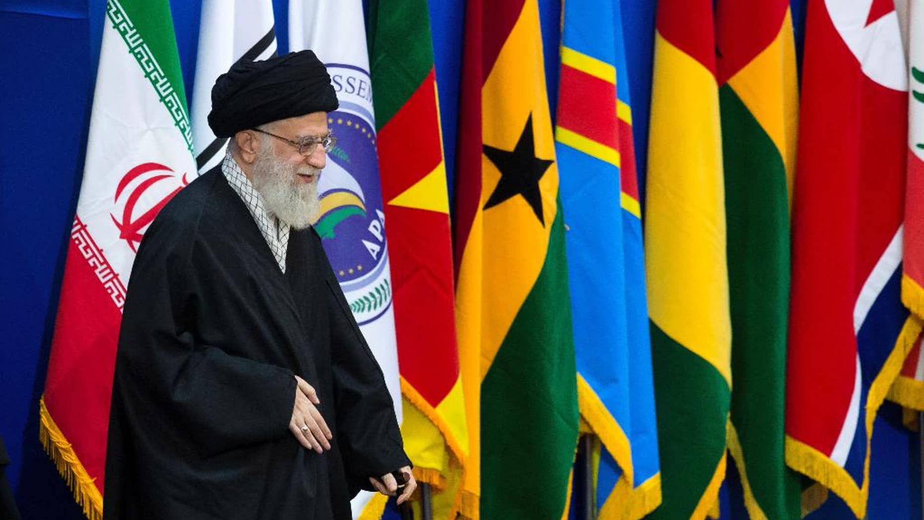 Iran's supreme leader Ayatollah Ali Khamenei arrives to a conference titled "International Conference in Support of Palestinian Intifada," in Tehran, Iran, Tuesday, Feb. 21, 2017. Iran's supreme leader has used the podium of the pro-Palestinian gathering in Tehran to call Israel a "fake" nation and a "dirty chapter" of history. (AP Photo/Ebrahim Noroozi)