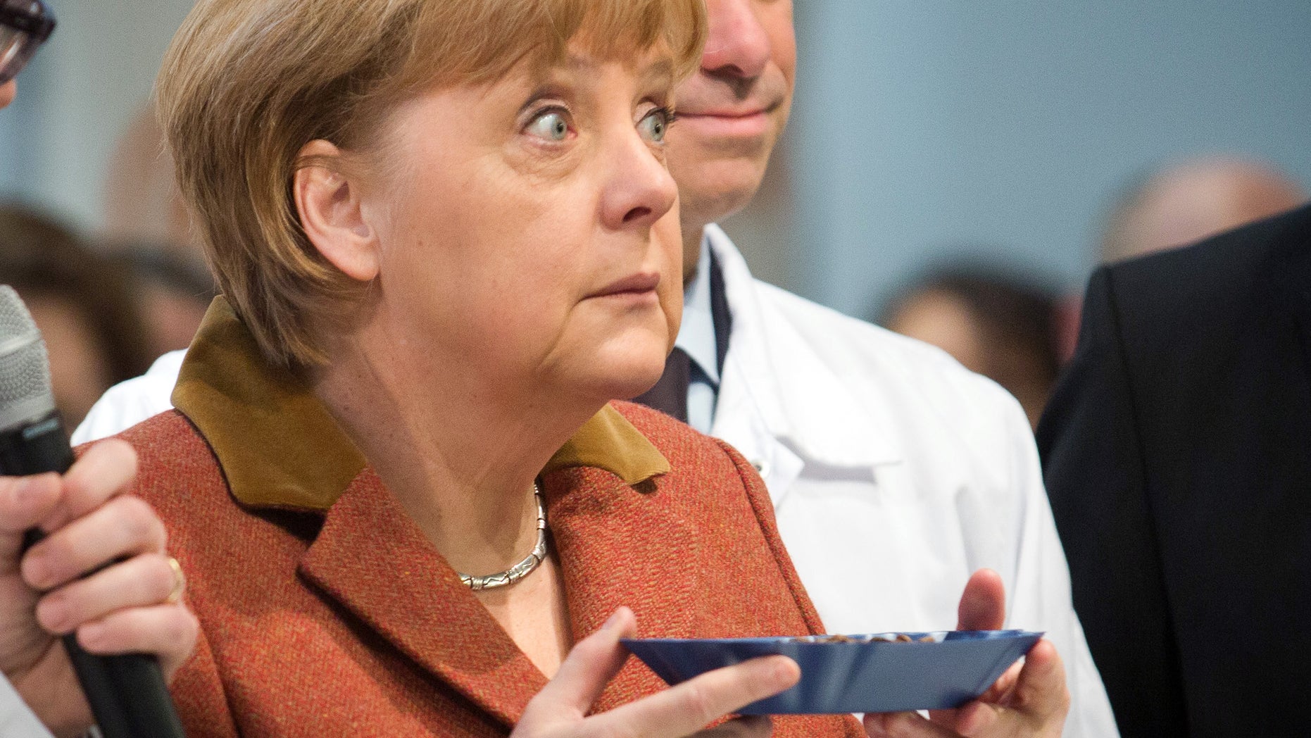 German Chancellor Angela Merkel looks up after smelling at coffee beans during the opening tour of the 'International Green Week' in Berlin, Germany, Friday, Jan. 18, 2013. International Green Week opens to the public from Jan. 18 until Jan. 27, 2013. (AP Photo/dpa, Michael Kappeler)