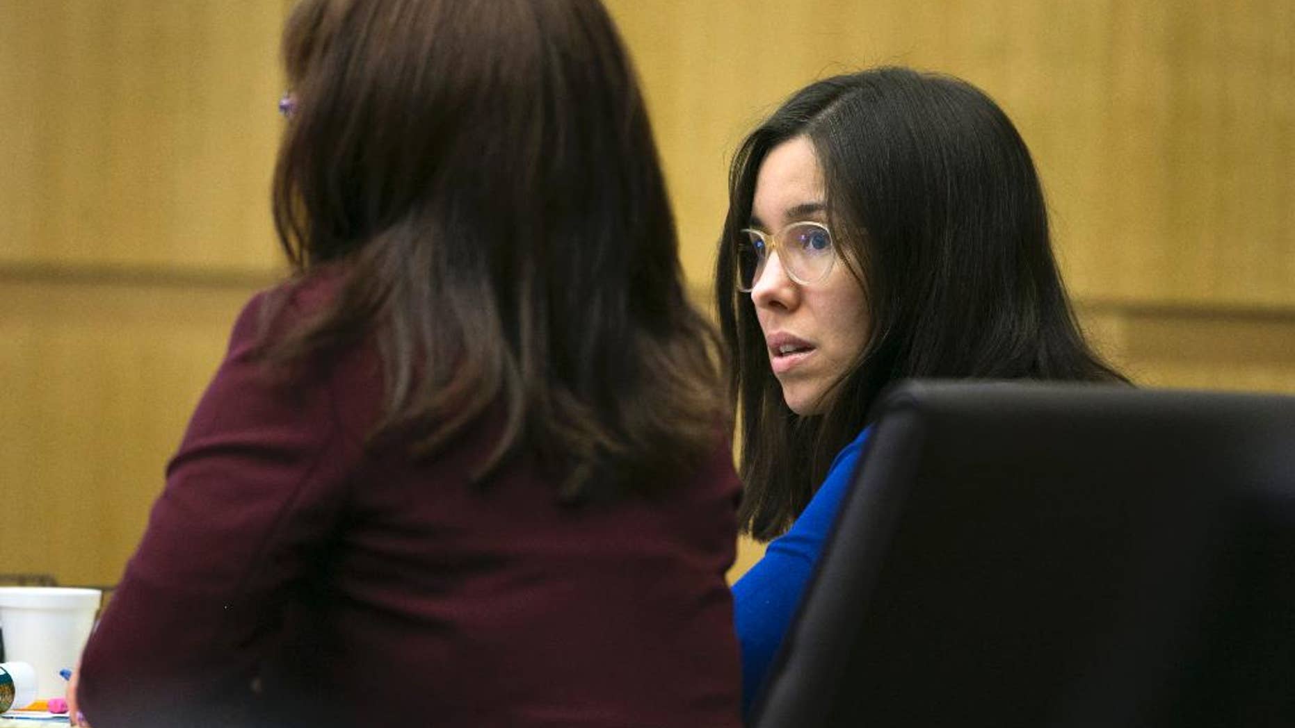 Jodi Arias, right, sits next to her attorney Jennifer Willmott during the sentencing phase of her retrial at Maricopa County Superior Court in Phoenix on Tuesday, Oct. 28, 2014. Arias was found guilty of first degree murder in the death of former boyfriend, Travis Alexander, but the jury hung on the sentencing phase, unable to choose life in prison or the death sentence. (AP Photo/The Arizona Republic, David Wallace, Pool)