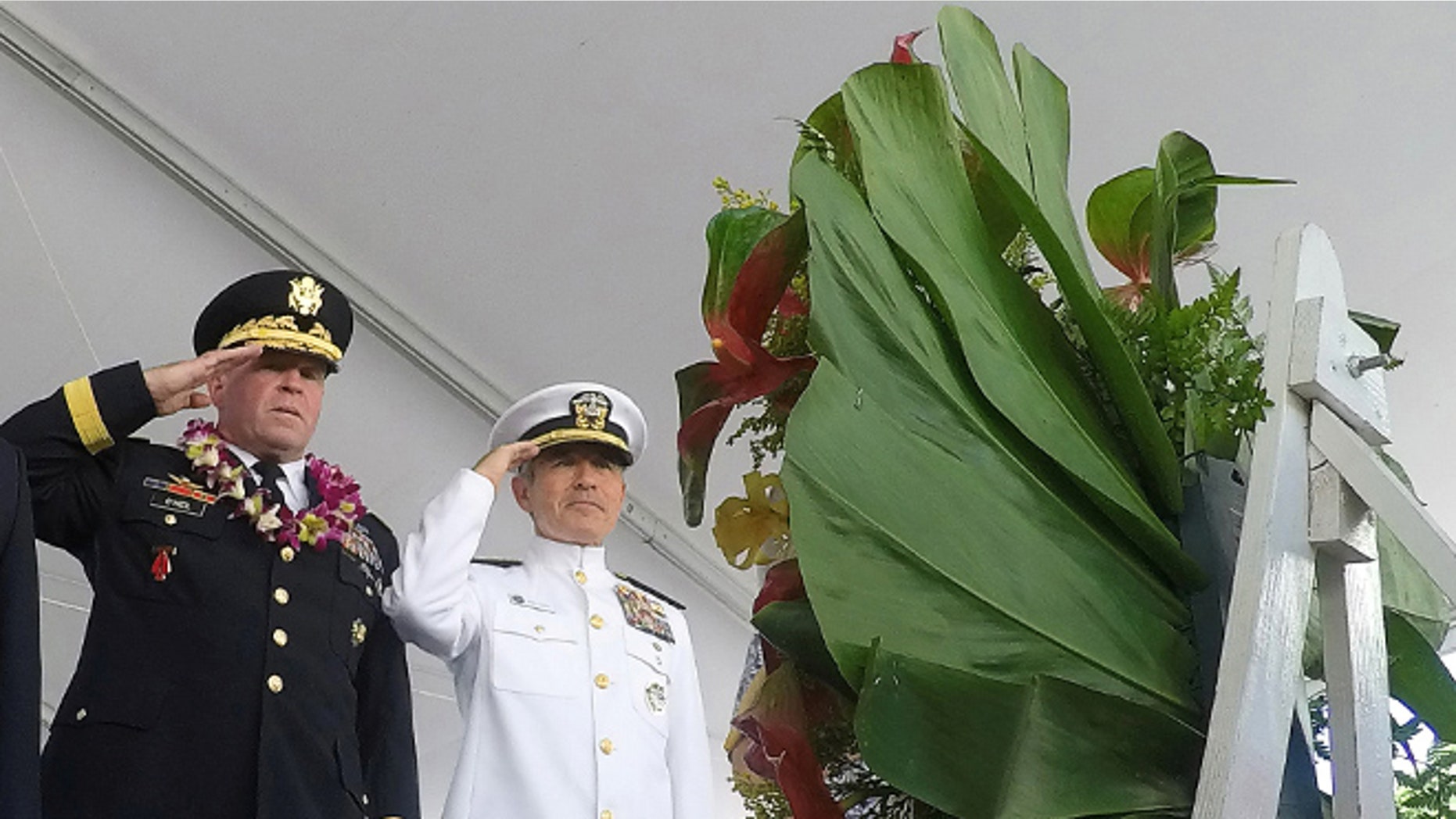 File: Nov. 11, 2016: Army Major General Mark J. O'Neil and Navy Admiral Harry Harris (R) at a Veterans Day ceremony at the National Memorial Cemetery of the Pacific at Punchbowl in Honolulu, Hawaii. (REUTERS)