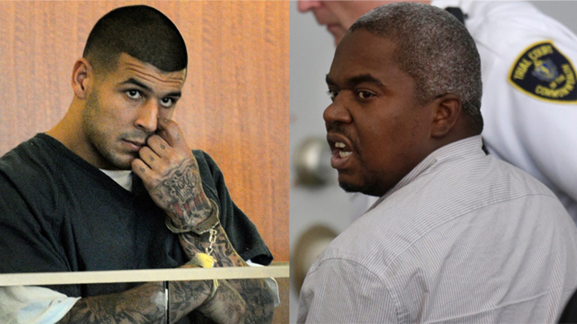 Former New England Patriots tight end Aaron Hernandez (right) in court and associate Ernest Wallace, of Miramar, Fla., mouths words to people sitting in Attleboro District Court, in Attleboro, Mass.