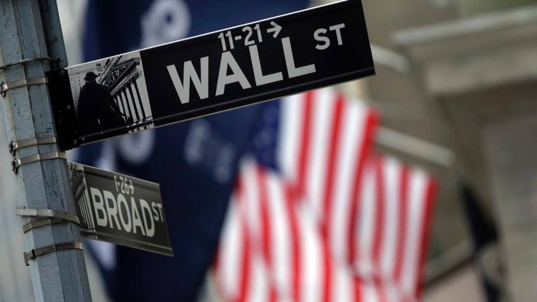 FILE - This Oct. 2, 2014 file photo shows a Wall Street sign adjacent to the New York Stock Exchange, in New York. U.S. stock prices are edging higher in early trading Tuesday, April 7, 2015, putting the market on track for its third gain in a row. (AP Photo/Richard Drew, File)