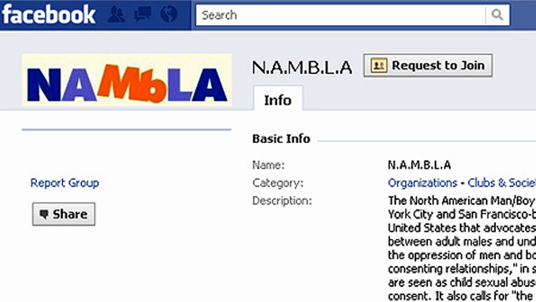 A North American Man/Boy Love Association page on the Facebook social-networking website.