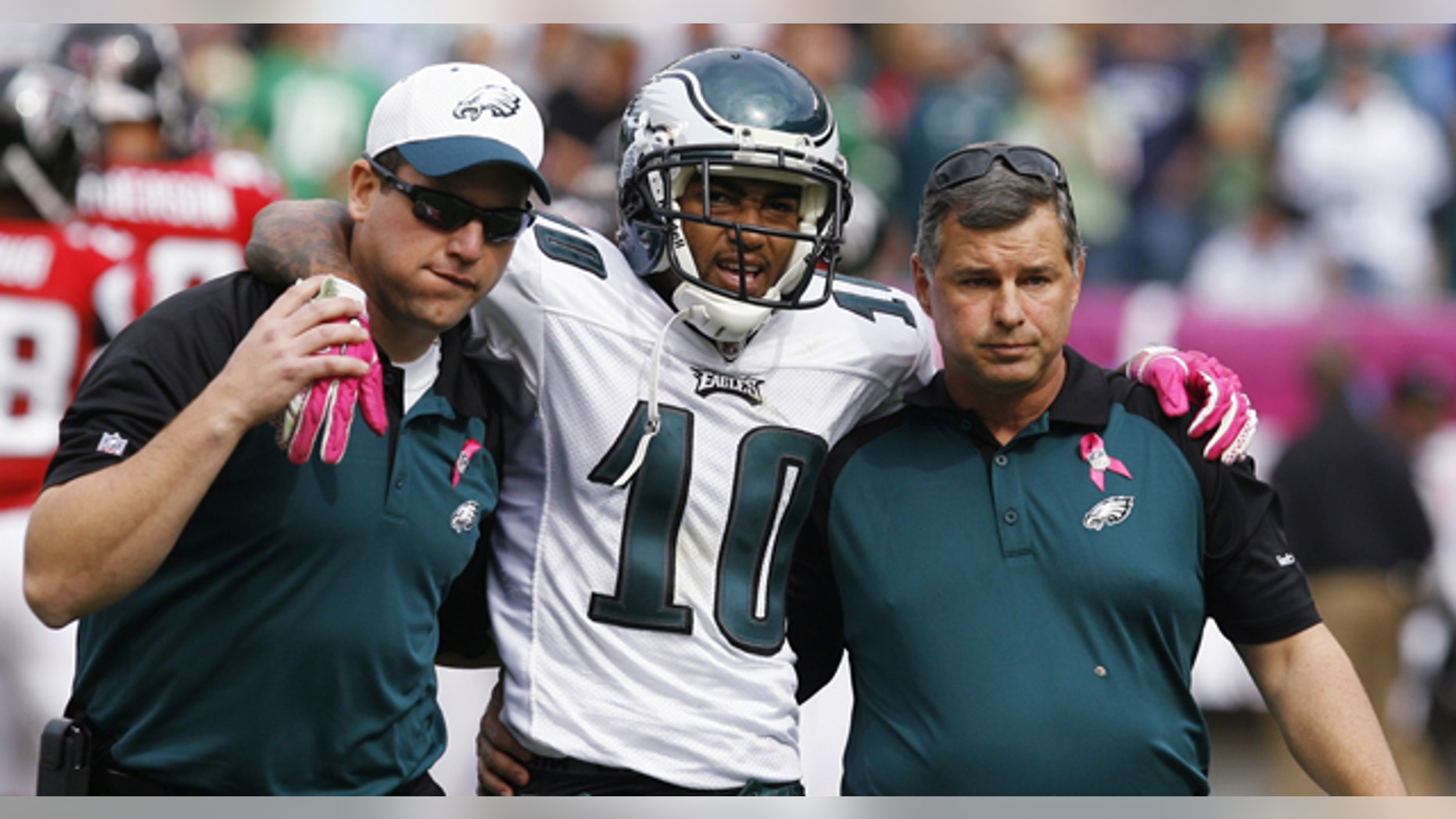 Oct. 17: Philadelphia Eagles' DeSean Jackson is helped from the field after sustaining an injury against the Atlanta Falcons during second quarter of NFL football action in Philadelphia. He was later diagnosed with a concussion.