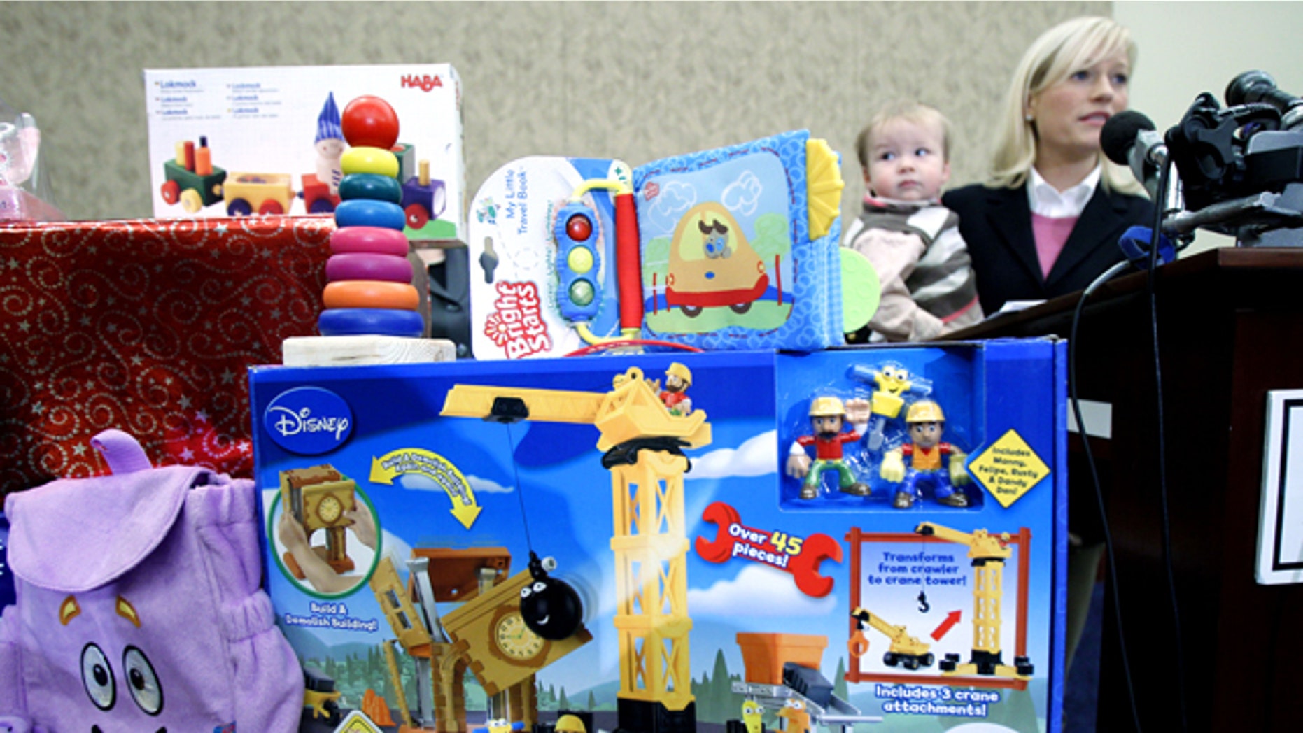 Nov. 23: Jennifer Tapper describe the problem she went through when her son 13-month-old on Jack Tapper chocked on a small part of a toy during the 25th Annual Survey of Toy Safety in Washington.
