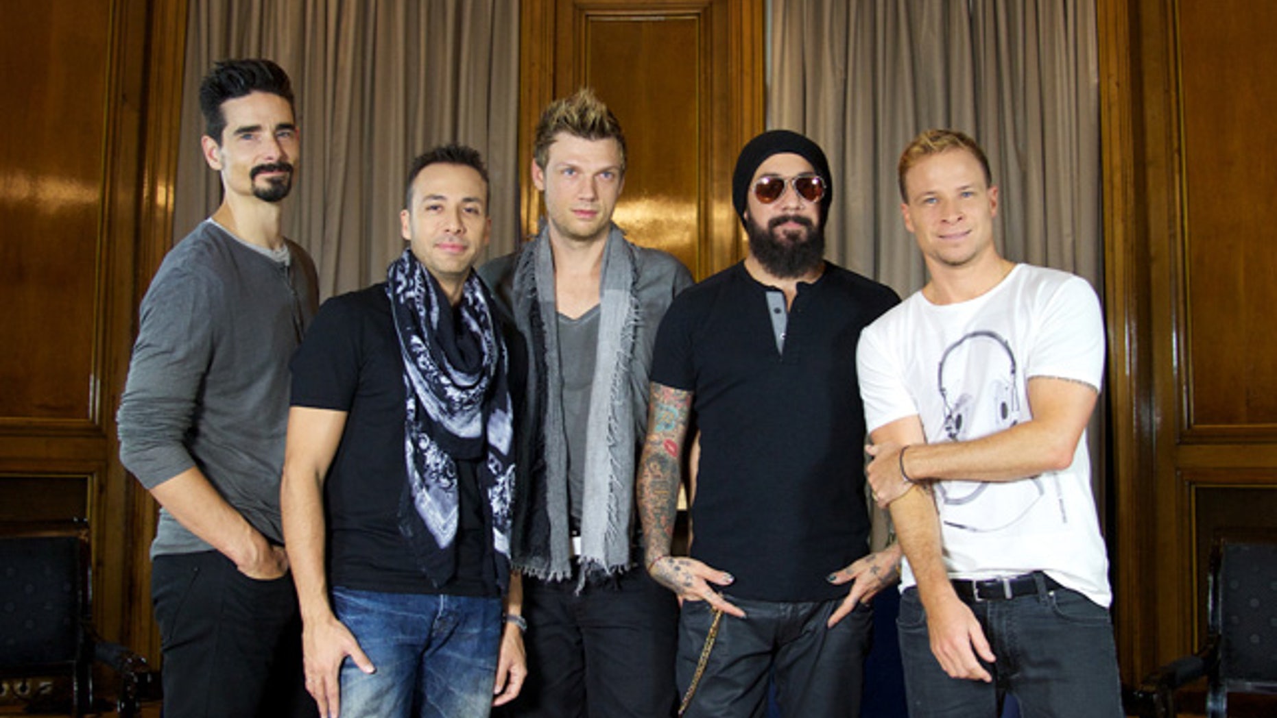 MADRID, SPAIN - NOVEMBER 12: (L-R) Kevin Richardson, Howie Dorough, Nick Carter, A.J. Maclean and Brien Littrell of Backstreet Boys present their new album "In A World Like This" at the Palace Hotel on November 12, 2013 in Madrid, Spain. (Photo by Carlos Alvarez/Getty Images)