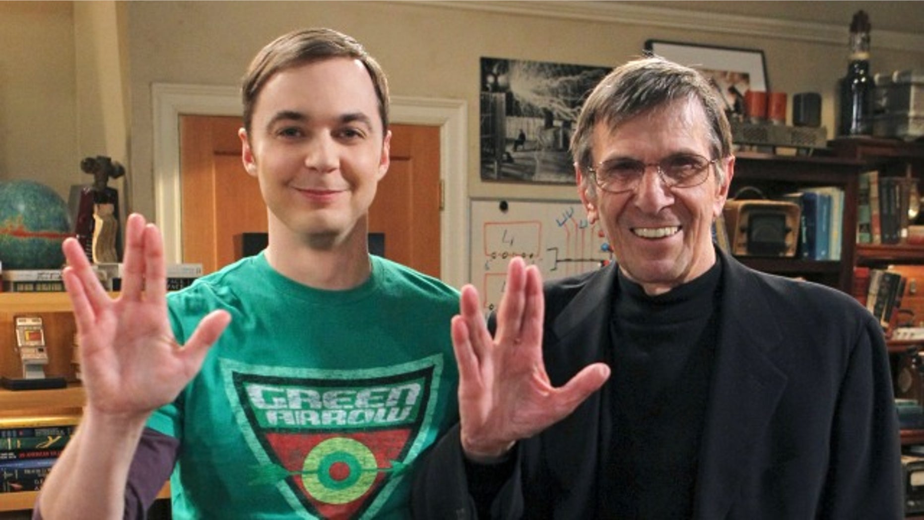 Jim Parsons and Leonard Nimoy on the set of 'The Big Bang Theory.'