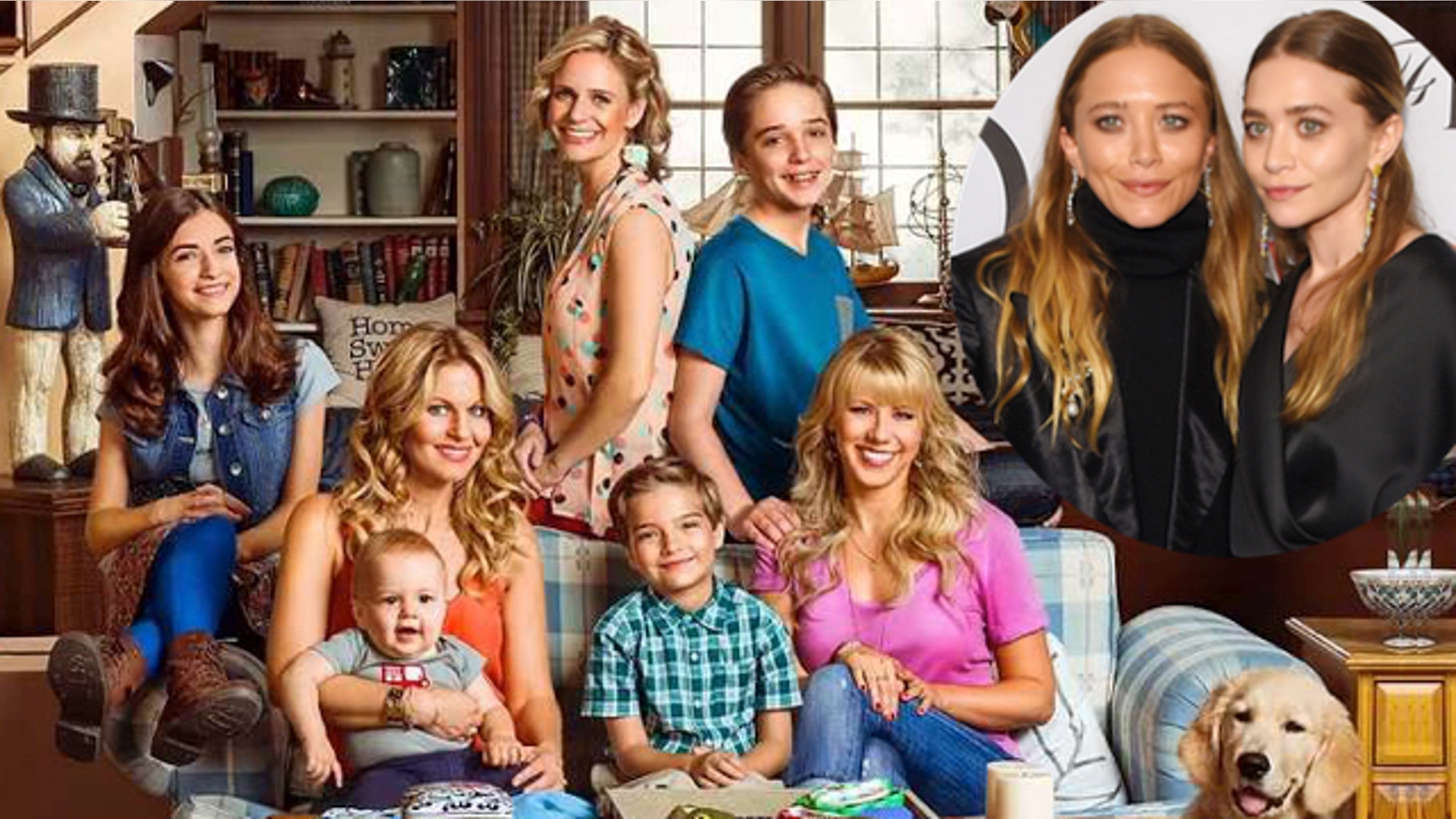 Cast of "Fuller House" and an inset of Mary-Kate and Ashley Olsen.