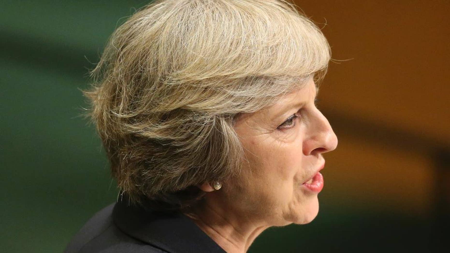 British Prime Minister Theresa May speaks during the 71st session of the United Nations General Assembly at U.N. headquarters, Tuesday, Sept. 20, 2016. (AP Photo/Seth Wenig)