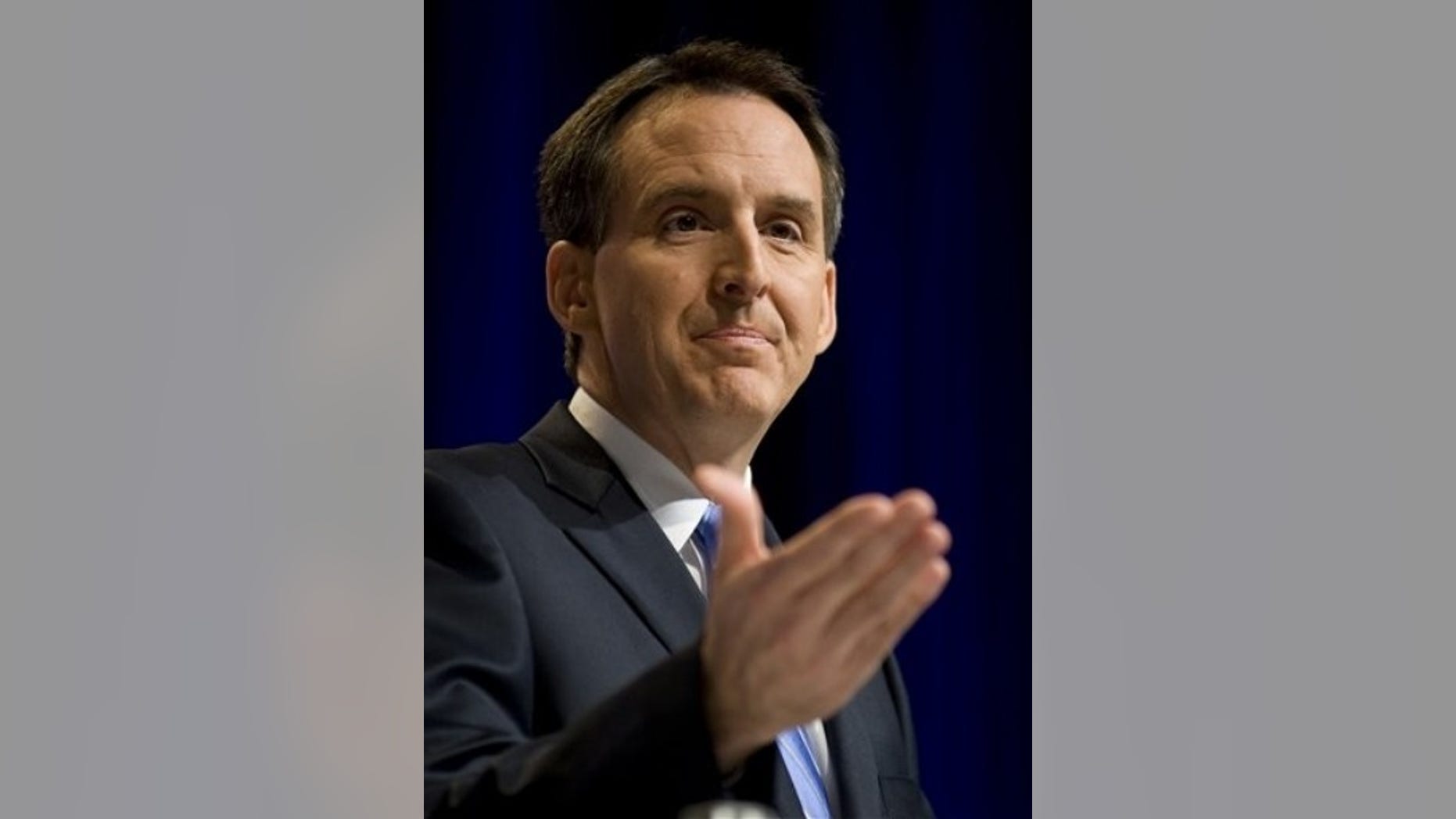 FILE - In this Feb. 19, 2010 file photo, Minnesota Gov. Tim Pawlenty addresses the Conservative Political Action Conference (CPAC) in Washington. Pawlenty, a potential Republican presidential candidate, is reaching out to supporters across the country with a town hall meeting Wednesday March 31, 2010, on Facebook, one of the first of its kind. (AP Photo/Cliff Owen, File)