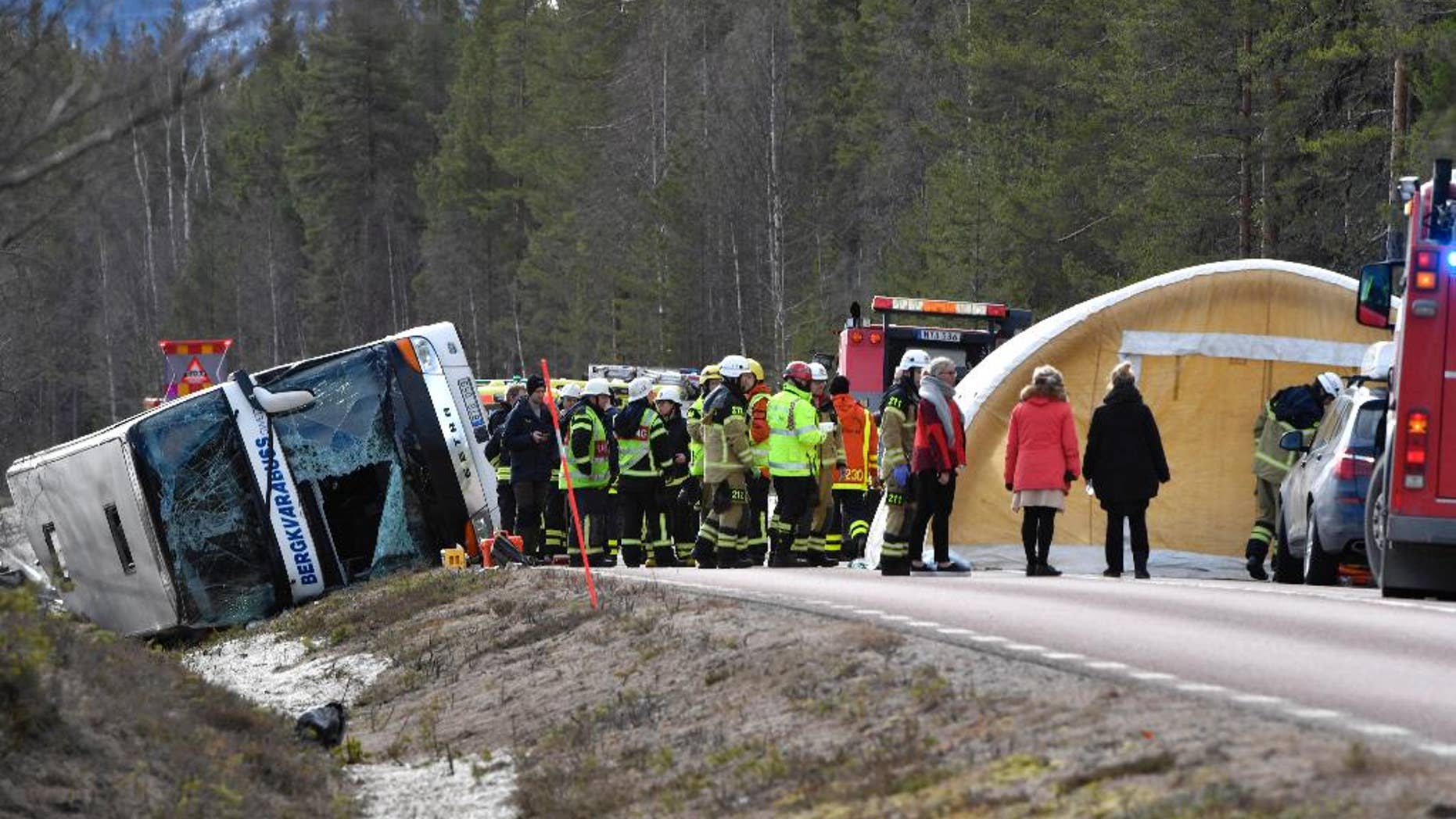 Emergency services and ambulance at the scene of a bus accident, on the E45 between Sveg and Fagelsjo in Sweden, Sunday, April 2, 2017.