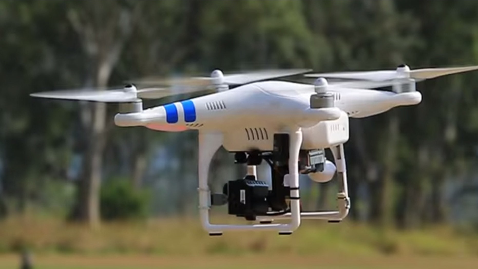 A screenshot of the remote-controlled DJI Phantom 2 Quadcopter in flight.
