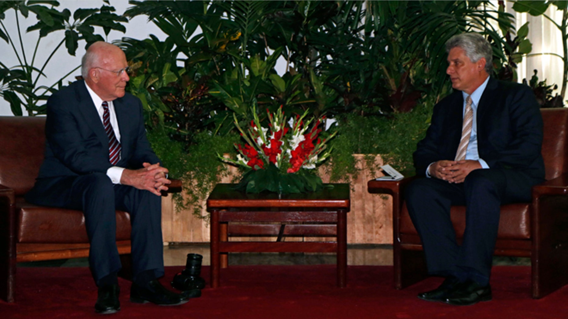 Sen. Patrick Leahy, D-Vt., left, and Cuba's First Vice President Miguel Diaz-Canel Bermudez, sit for a meeting at the Palace of The Revolution in Havana, Cuba, Friday, June 26, 2015. (AP Photo/Desmond Boylan, Pool)