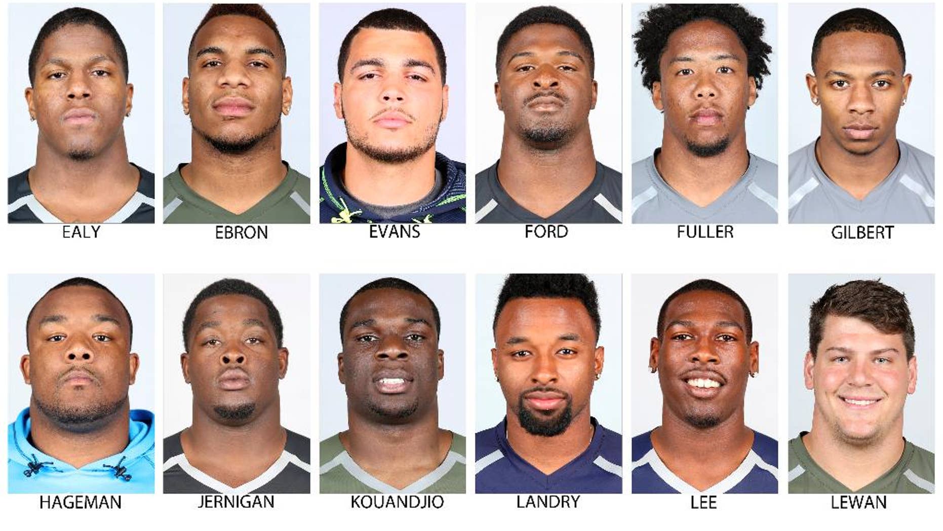 FILE - In these photos provided by the NFL, taken at the NFL Combine in Indianapolis in April 2014, NFL Draft prospects are shown. Top row from left are Kony Ealy, Missouri; Eric Ebron, North Carolina; Mike Evans, Texas A&M; Dee Ford, Auburn; Kyle Fuller, Virginia Tech and Justin Gilbert, Oklahoma State . Bottom from left are: Ra'Shese Hageman, Minnesota; Timmy Jernigan, Florida State; Cyrus Kouandjio, Alabama; Jarvis Landry, LSU; Marquise Lee, USC, and Taylor Lewan, Michigan. (AP Photo/NFL) NO SALES