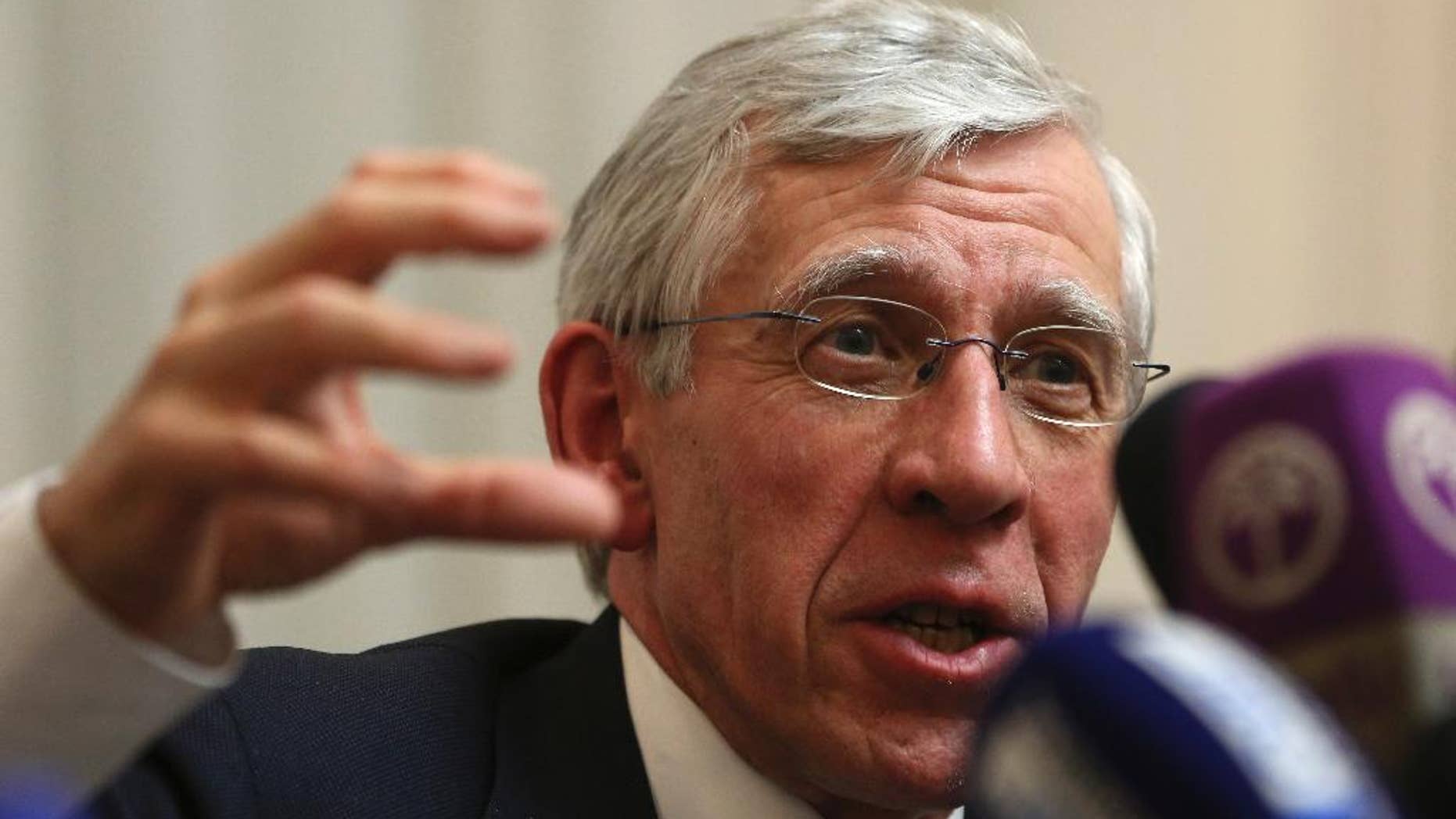 FILE - In this Wednesday, Jan. 8, 2014 file photo, Britain's former Foreign Secretary Jack Straw gestures as he speaks in a press conference at the Iranian parliament in Tehran, Iran. Jack Straw is facing legal action in a suit brought by a former Libyan dissident who alleges he and his wife were abducted and sent to Tripoli a decade ago to be interrogated by the regime of late dictator Moammar Gadhafi. Straw on Tuesday Jan. 17, 2017, denies any complicity "in the unlawful rendition or detention of anyone by other states." (AP Photo/Vahid Salemi, File)